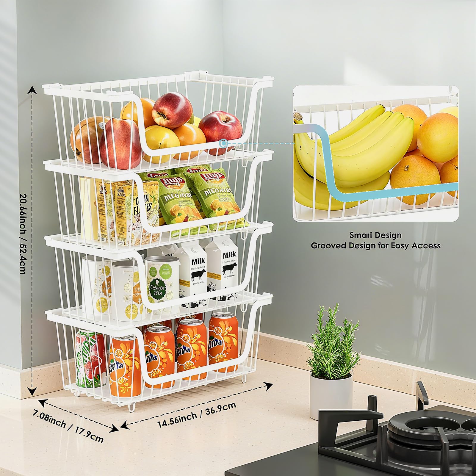 GAOKASE 4 Pcs Stackable Wire Baskets for Pantry Organizers and Storage,Vegetable Fruit Basket for Countertop,Kitchen Storage Metal Baskets,Produce Potato Onion Storage Bin,Black