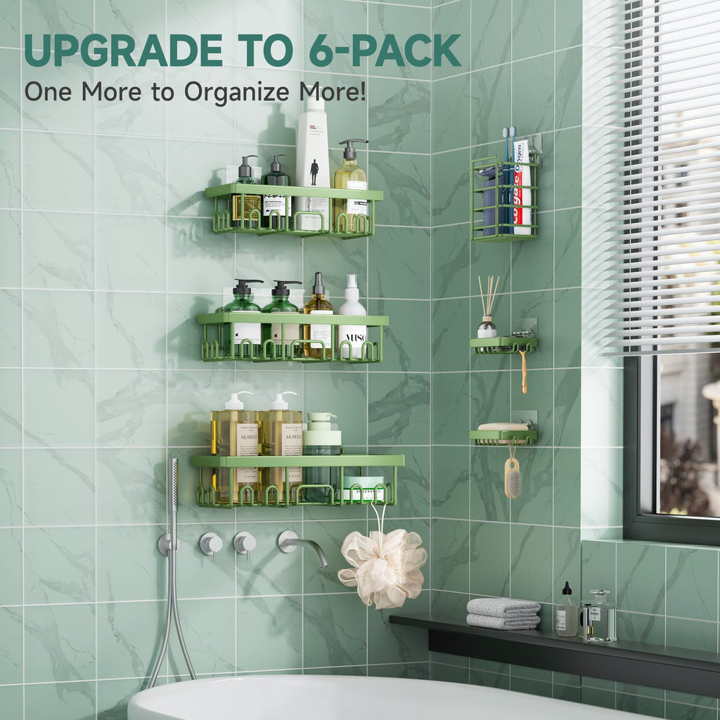 Veken Shower Caddy 6-Pack, Advanced Rustproof Design, No Drilling Adhesive Shelves, Rack with Soap Holder, Large Capacity Bathroom Organizers and Storage, Wall-Mounted Kitchen & Home Decor