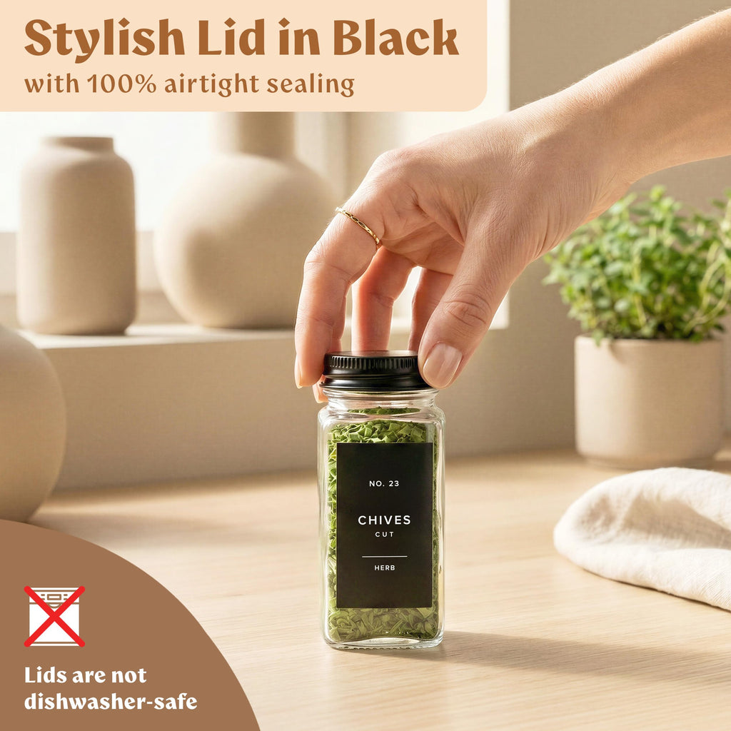 EDELHAUS Glass Spice Jars with Labels (24 x 4oz) Spice Containers with 240 Labels, Shaker Inserts, Funnel, Empty Square Empty Square Seasoning Organizer (Black Lids)
