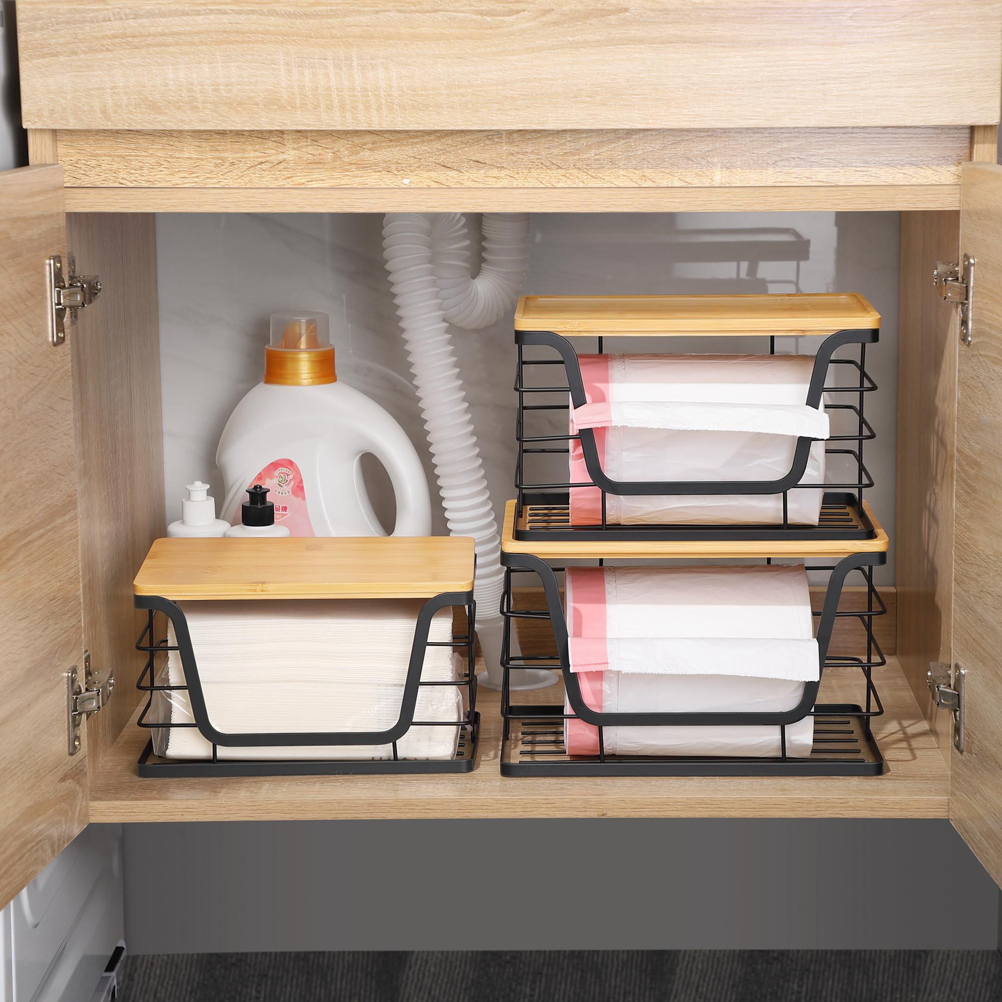 ALOCEO 2 Pack Storage Stackable Kitchen Laundry Organizers with Bamboo Top, Large Trash Bag Holder and Small Garbage Bag Dispenser for Countertop Organization