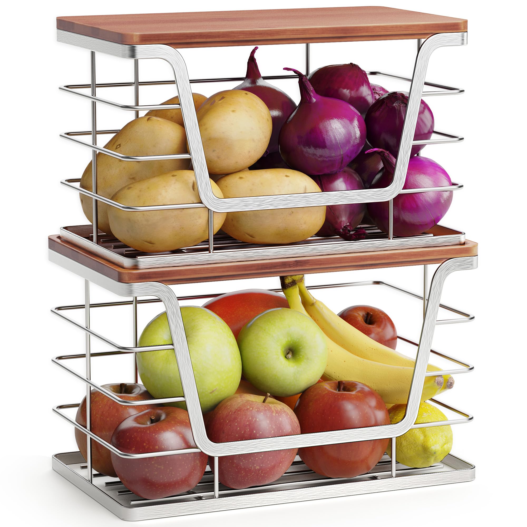 ALOCEO 2 Pack Storage Stackable Kitchen Laundry Organizers with Bamboo Top, Large Trash Bag Holder and Small Garbage Bag Dispenser for Countertop Organization