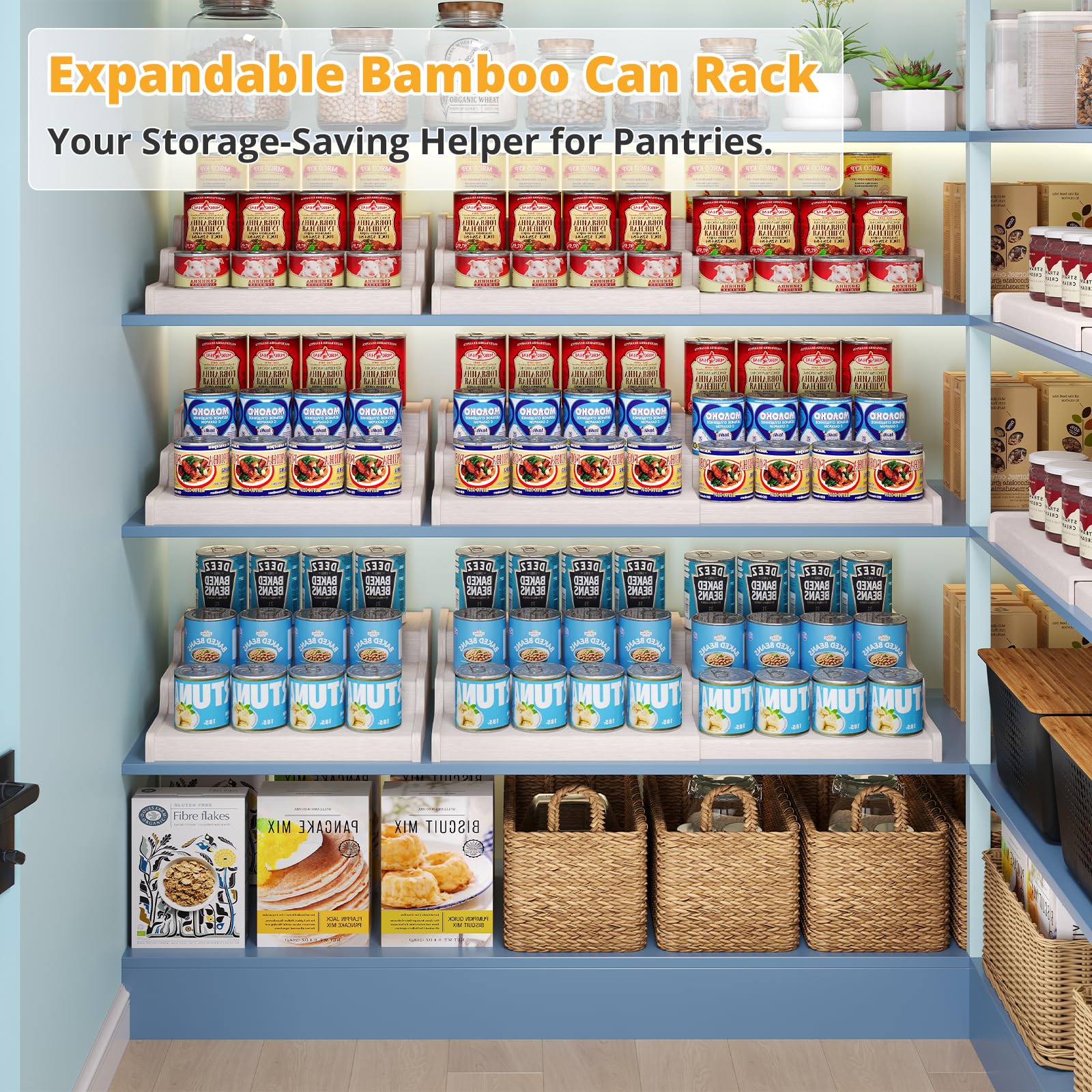 Expandable Bamboo Can Rack Organizer, 3-Tier Adjustable Pantry Storage, Can Holder for Kitchen & Pantry, Canned Food Soda Organizer, Holds Up to 24 Cans, Black (Patent Pending)