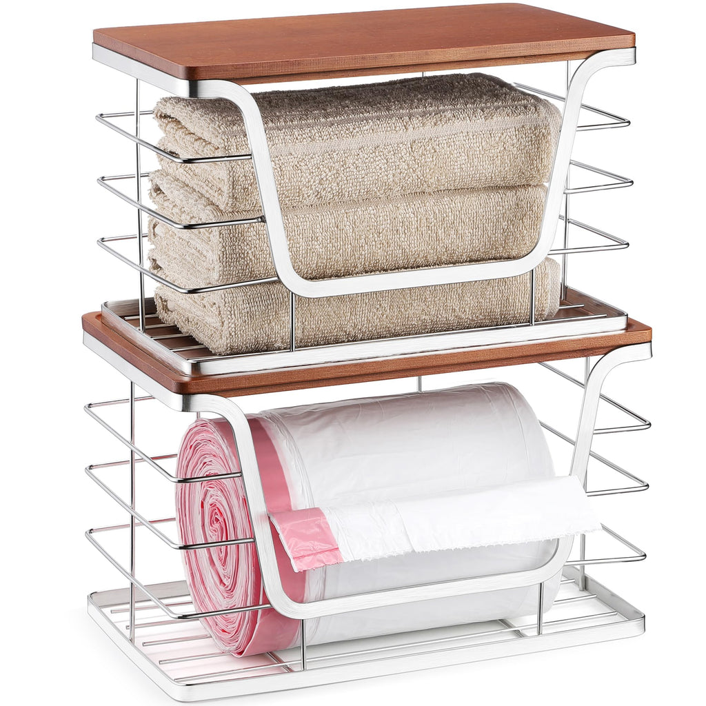 ALOCEO 2 Pack Storage Stackable Kitchen Laundry Organizers with Bamboo Top, Large Trash Bag Holder and Small Garbage Bag Dispenser for Countertop Organization