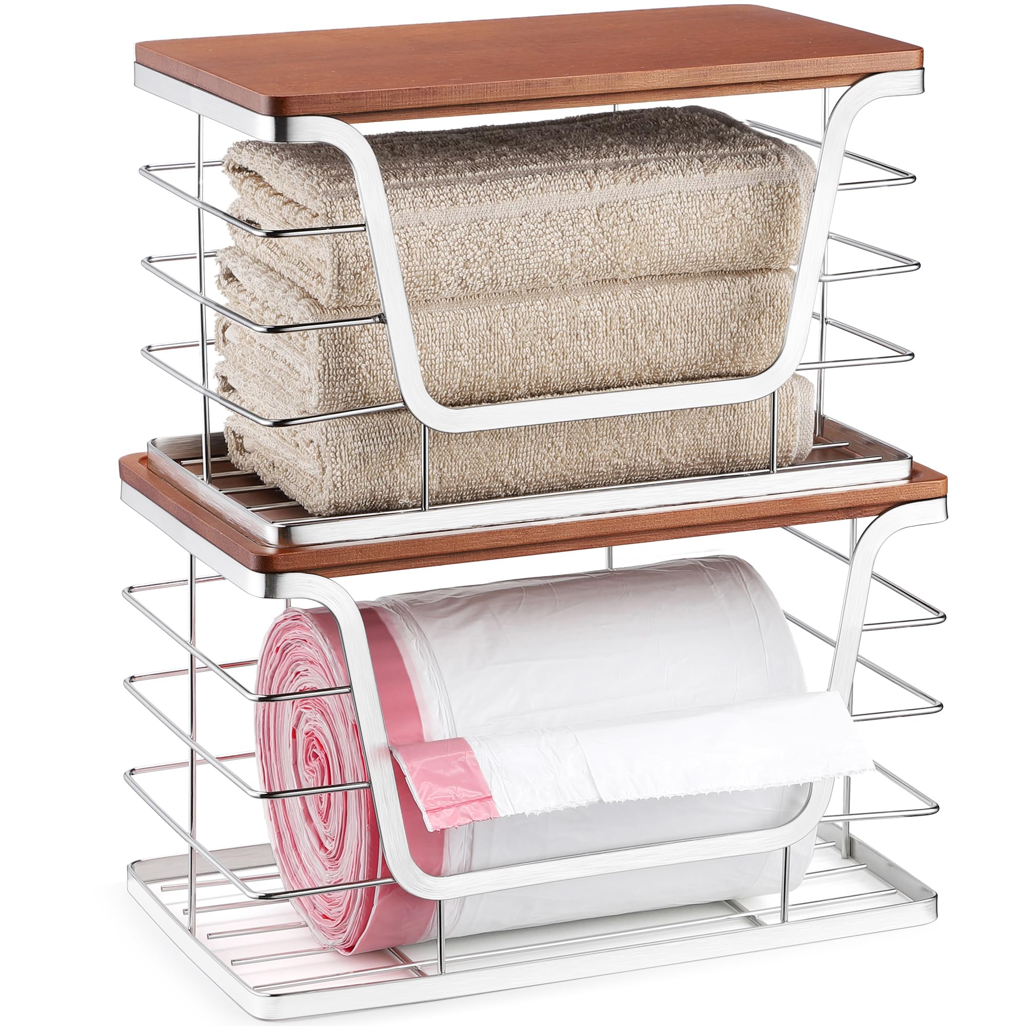 ALOCEO 2 Pack Storage Stackable Kitchen Laundry Organizers with Bamboo Top, Large Trash Bag Holder and Small Garbage Bag Dispenser for Countertop Organization