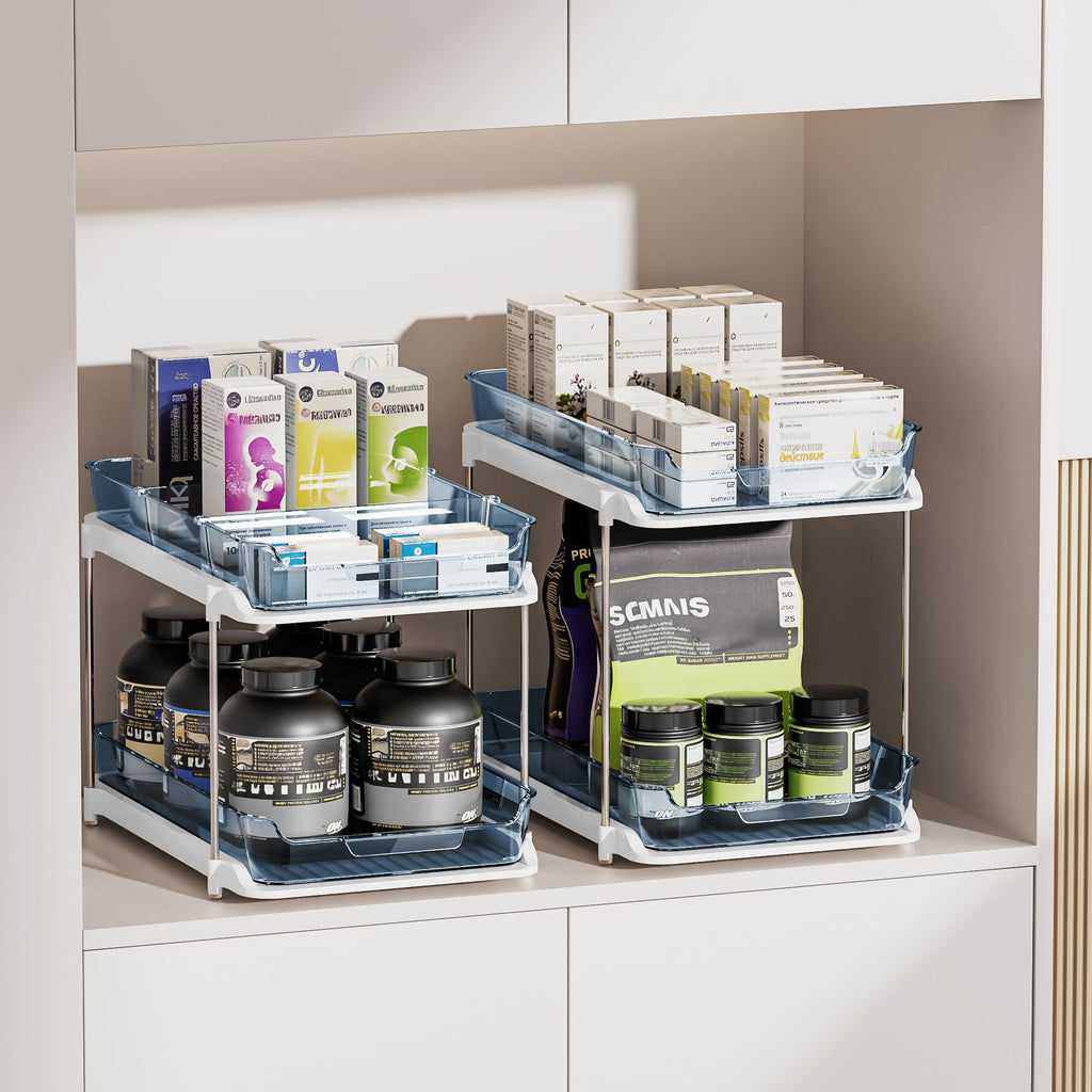 Delamu 2-Tier Multi-Purpose Bathroom Under Sink Organizers and Storage, Stackable Kitchen Pantry Organization, Pull Out Medicine Cabinet Organizer with Movable Dividers, White, 2 Pack