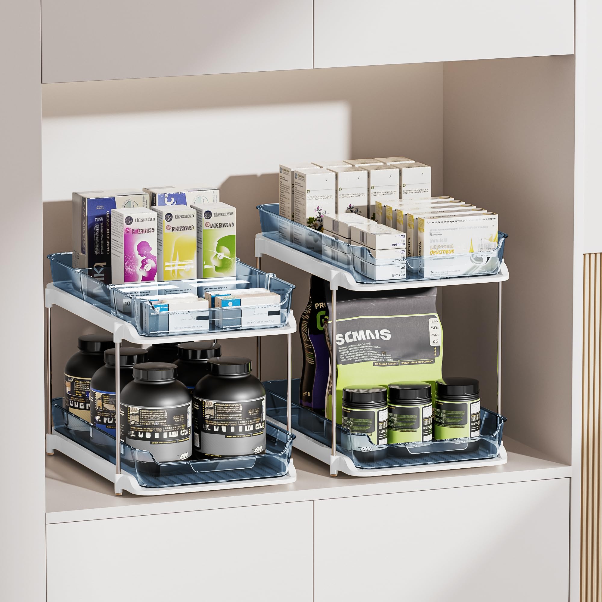 Delamu 2-Tier Multi-Purpose Bathroom Under Sink Organizers and Storage, Stackable Kitchen Pantry Organization, Pull Out Medicine Cabinet Organizer with Movable Dividers, White, 2 Pack