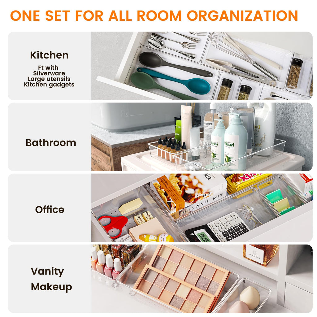 6 Pack Large Clear Plastic Drawer Organizer Trays, Acrylic Kitchen Drawer Organization and Storage Dividers, Non-Slip Storage Bins for Makeup, Kitchen Utensils, Bathroom, Jewelries and Office Desk