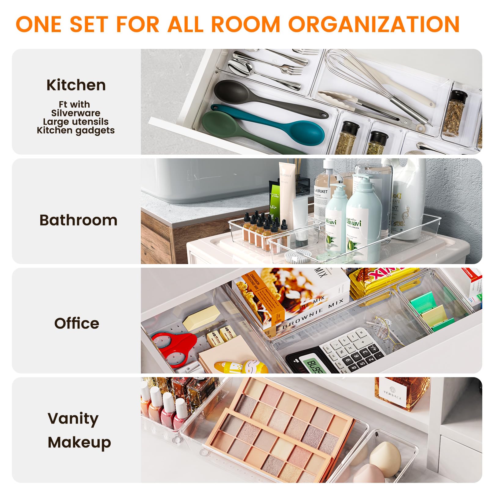 6 Pack Large Clear Plastic Drawer Organizer Trays, Acrylic Kitchen Drawer Organization and Storage Dividers, Non-Slip Storage Bins for Makeup, Kitchen Utensils, Bathroom, Jewelries and Office Desk