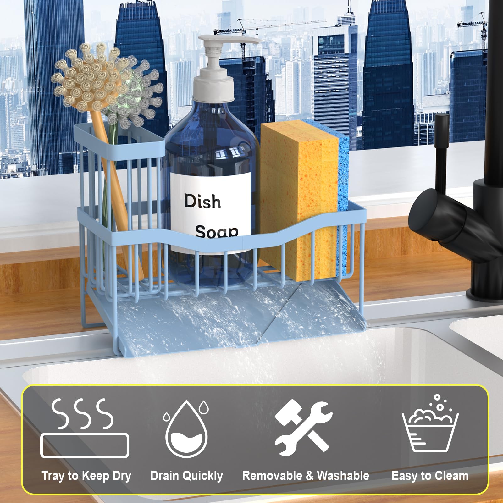 Fssvcd Maifan Sink Caddy Sponge Holder for Kitchen with Brush Holder and Stainless Steel Self Drain Tray, Rustproof Kitchen Sink Organizer for Sponge, Soap Dispenser Storage Accessories