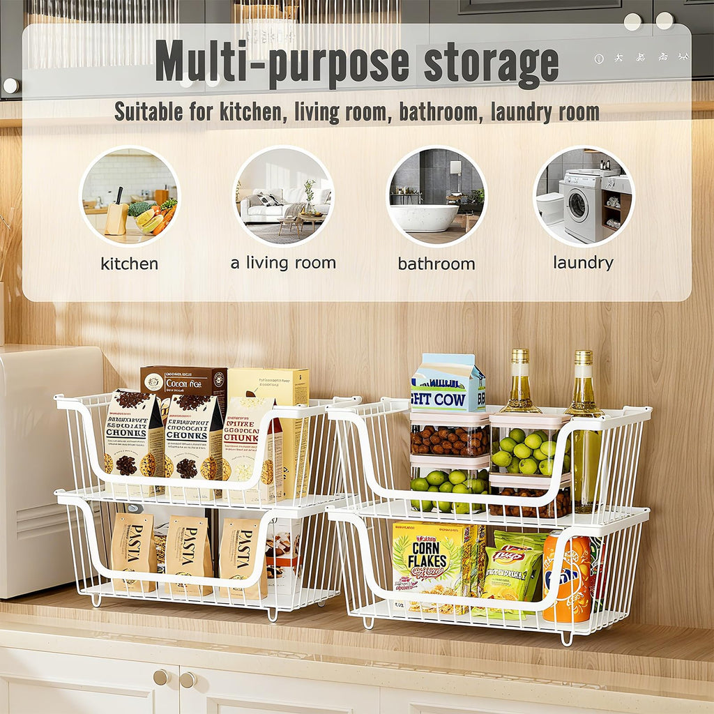 GAOKASE 4 Pcs Stackable Wire Baskets for Pantry Organizers and Storage,Vegetable Fruit Basket for Countertop,Kitchen Storage Metal Baskets,Produce Potato Onion Storage Bin,Black