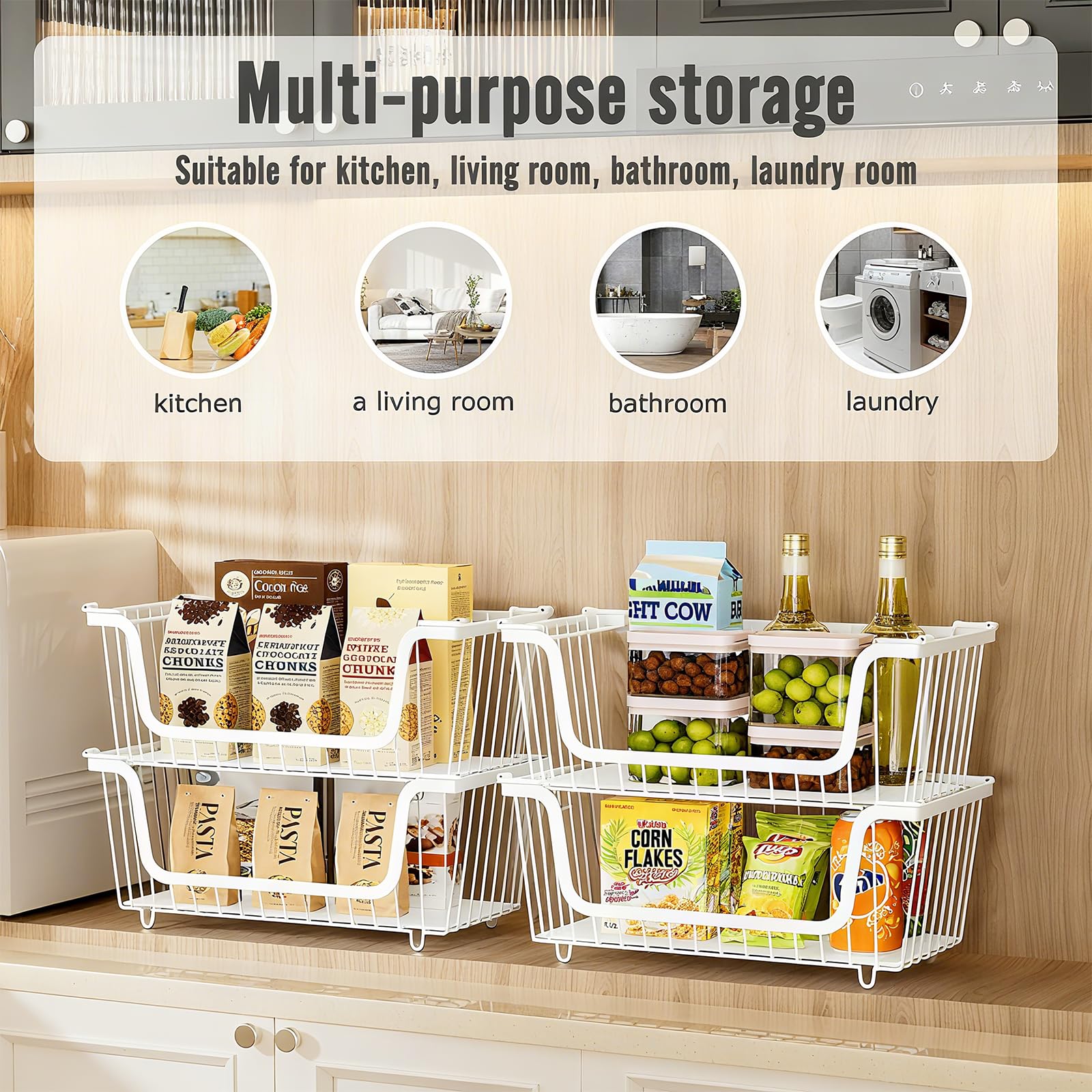 GAOKASE 4 Pcs Stackable Wire Baskets for Pantry Organizers and Storage,Vegetable Fruit Basket for Countertop,Kitchen Storage Metal Baskets,Produce Potato Onion Storage Bin,Black