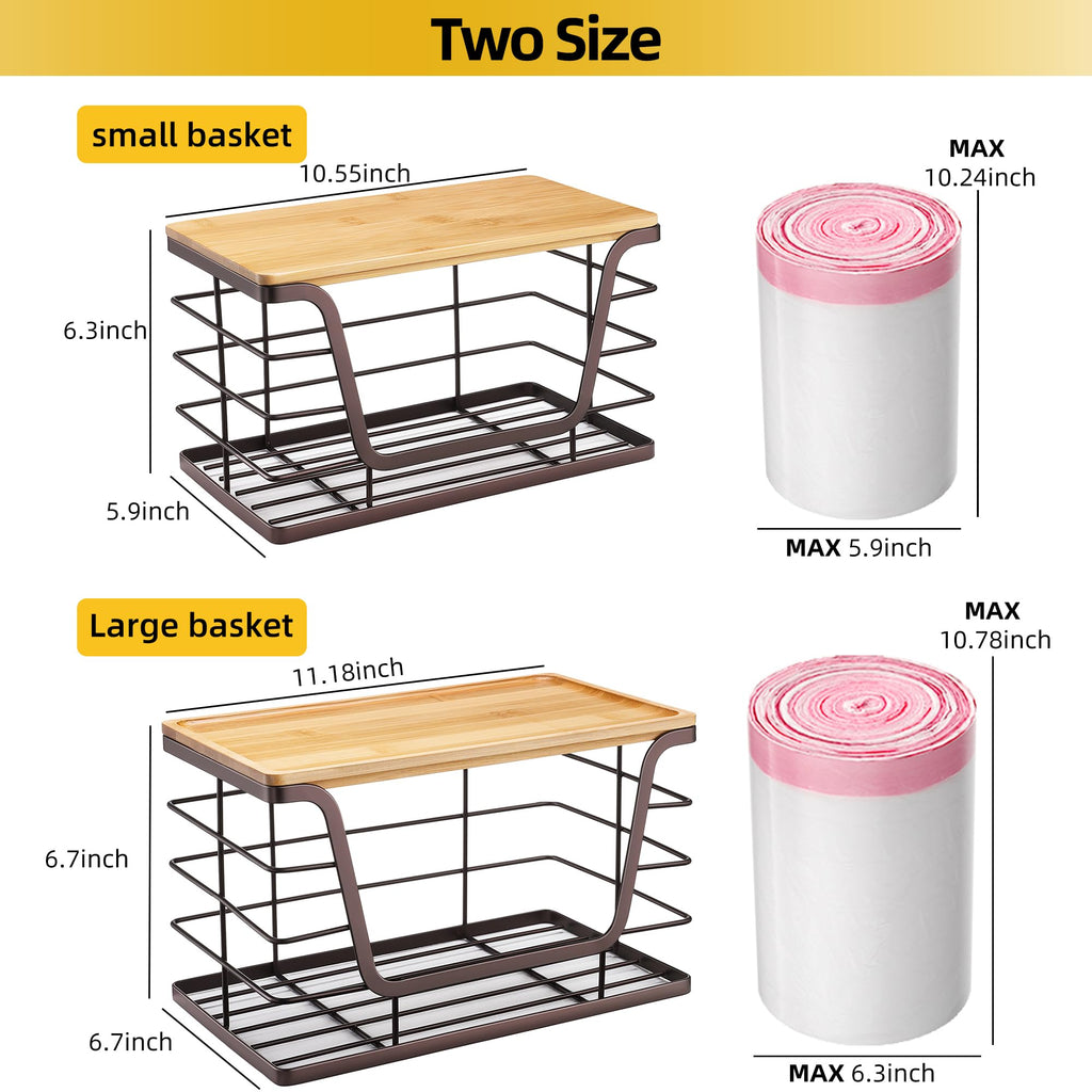 ALOCEO 2 Pack Storage Stackable Kitchen Laundry Organizers with Bamboo Top, Large Trash Bag Holder and Small Garbage Bag Dispenser for Countertop Organization