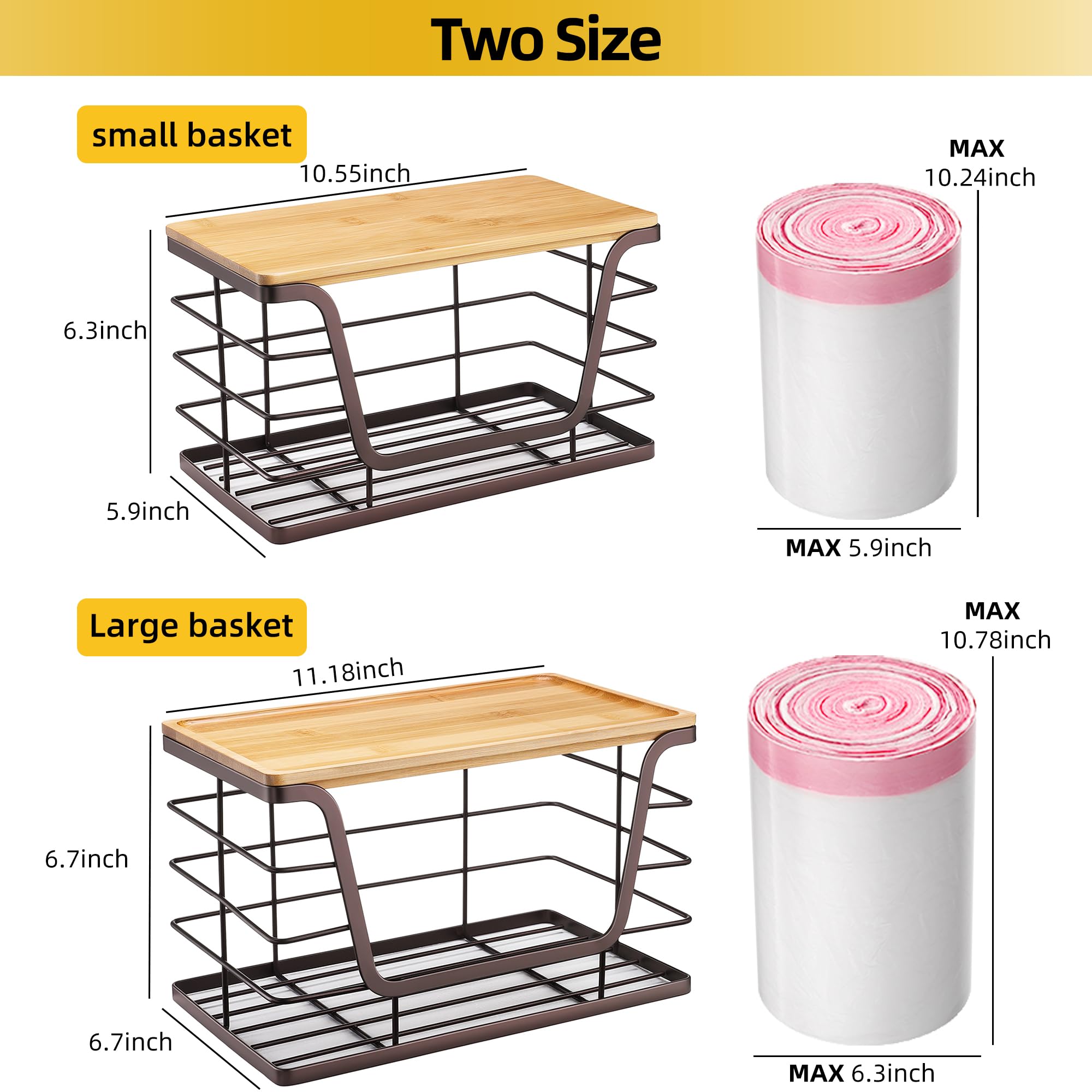 ALOCEO 2 Pack Storage Stackable Kitchen Laundry Organizers with Bamboo Top, Large Trash Bag Holder and Small Garbage Bag Dispenser for Countertop Organization