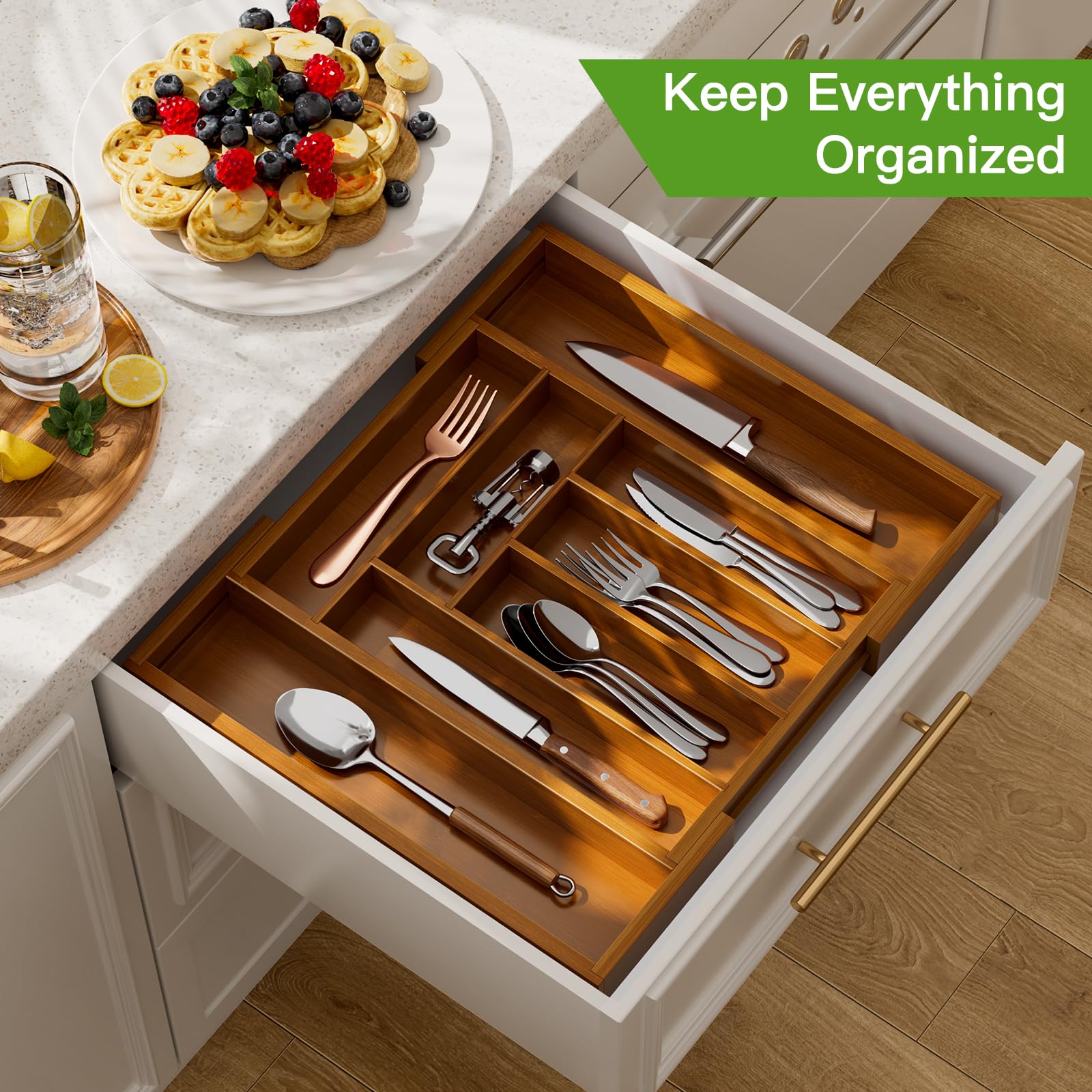 Pipishell Bamboo Expandable Silverware Drawer Organizer