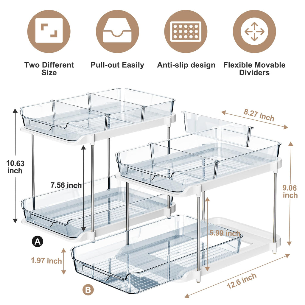Delamu 2-Tier Multi-Purpose Bathroom Under Sink Organizers and Storage, Stackable Kitchen Pantry Organization, Pull Out Medicine Cabinet Organizer with Movable Dividers, White, 2 Pack