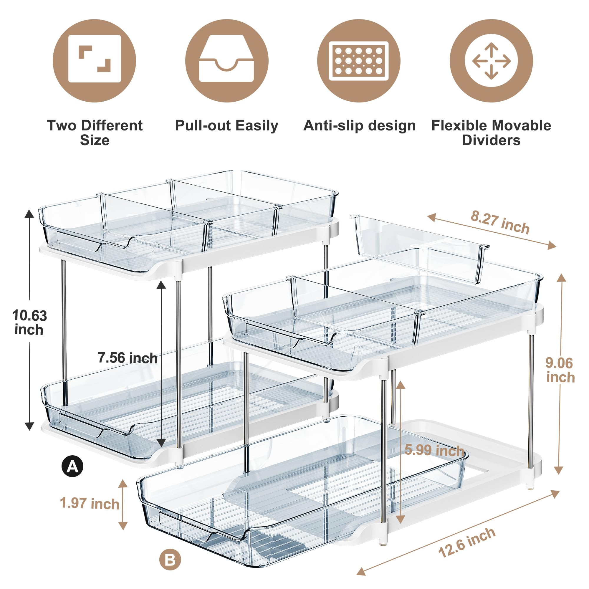 Delamu 2-Tier Multi-Purpose Bathroom Under Sink Organizers and Storage, Stackable Kitchen Pantry Organization, Pull Out Medicine Cabinet Organizer with Movable Dividers, White, 2 Pack