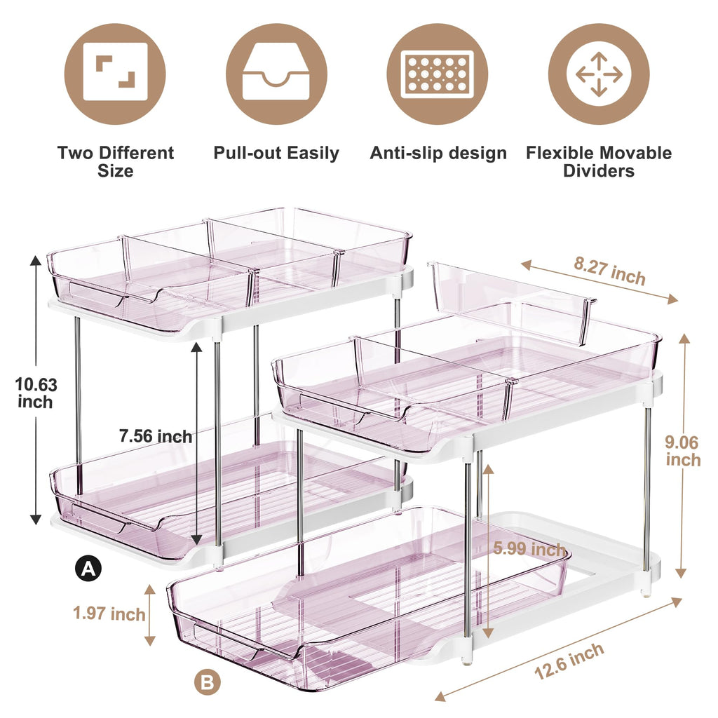 Delamu 2-Tier Multi-Purpose Bathroom Under Sink Organizers and Storage, Stackable Kitchen Pantry Organization, Pull Out Medicine Cabinet Organizer with Movable Dividers, White, 2 Pack