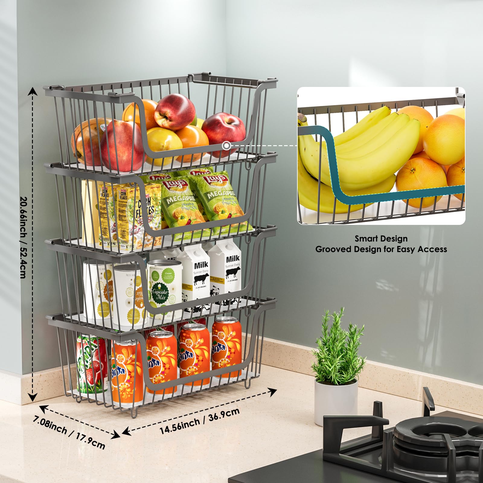 GAOKASE 4 Pcs Stackable Wire Baskets for Pantry Organizers and Storage,Vegetable Fruit Basket for Countertop,Kitchen Storage Metal Baskets,Produce Potato Onion Storage Bin,Black