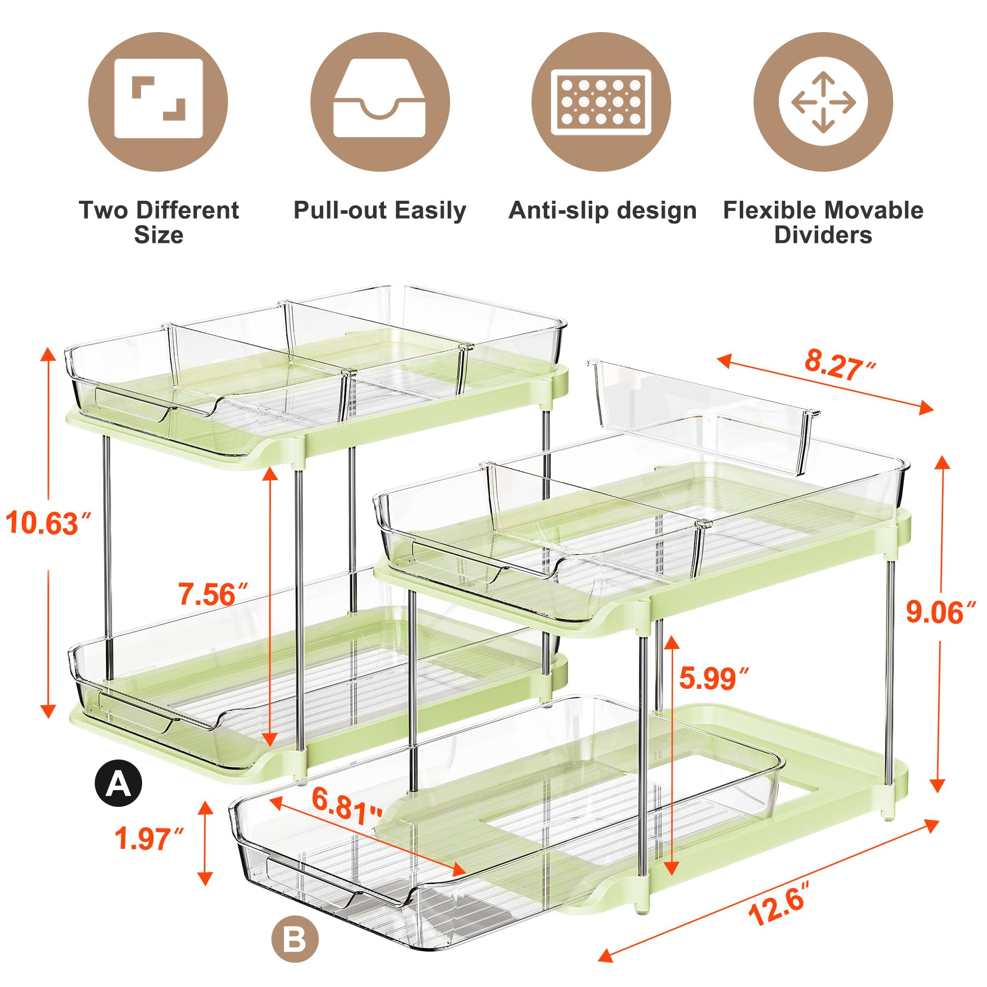 Delamu 2-Tier Multi-Purpose Bathroom Under Sink Organizers and Storage, Stackable Kitchen Pantry Organization, Pull Out Medicine Cabinet Organizer with Movable Dividers, White, 2 Pack