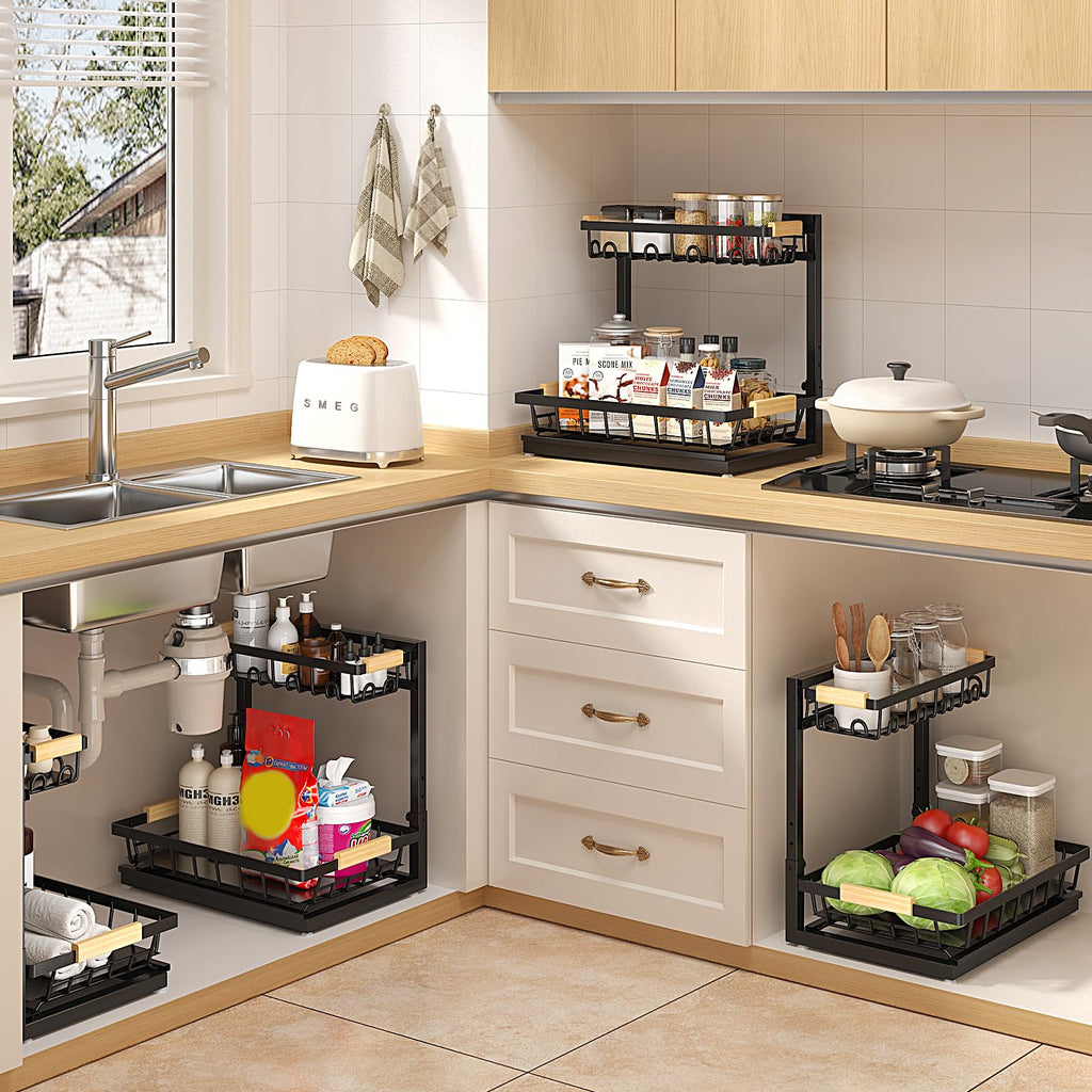 Sevenblue 2 Packs Under Sink Organizer, Height Adjustable 2 Tier Under Kitchen Sink Organizer, Multi-Purpose Storage Shelf for Kitchen Bathroom Cabinet (Black, Large)