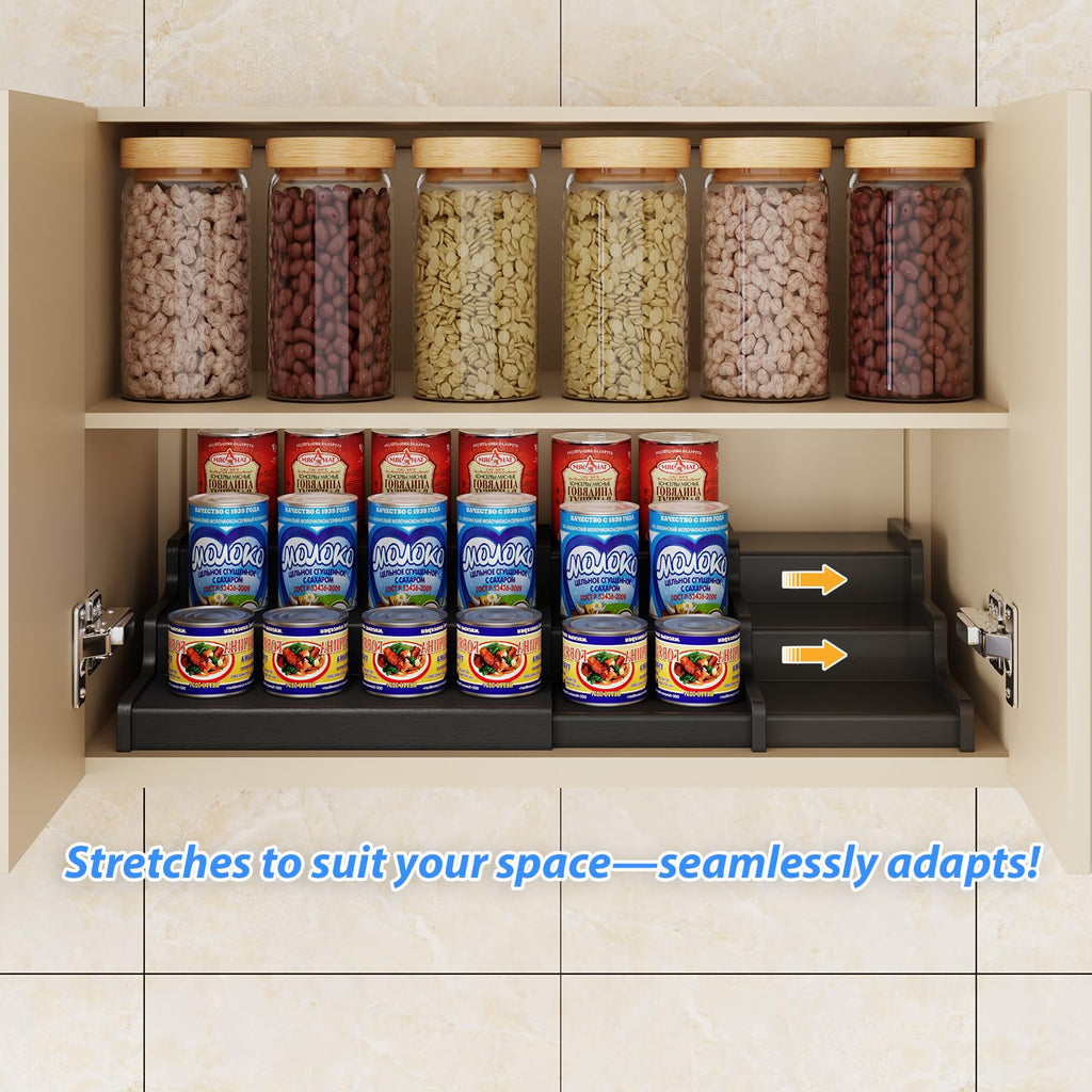 Expandable Bamboo Can Rack Organizer, 3-Tier Adjustable Pantry Storage, Can Holder for Kitchen & Pantry, Canned Food Soda Organizer, Holds Up to 24 Cans, Black (Patent Pending)