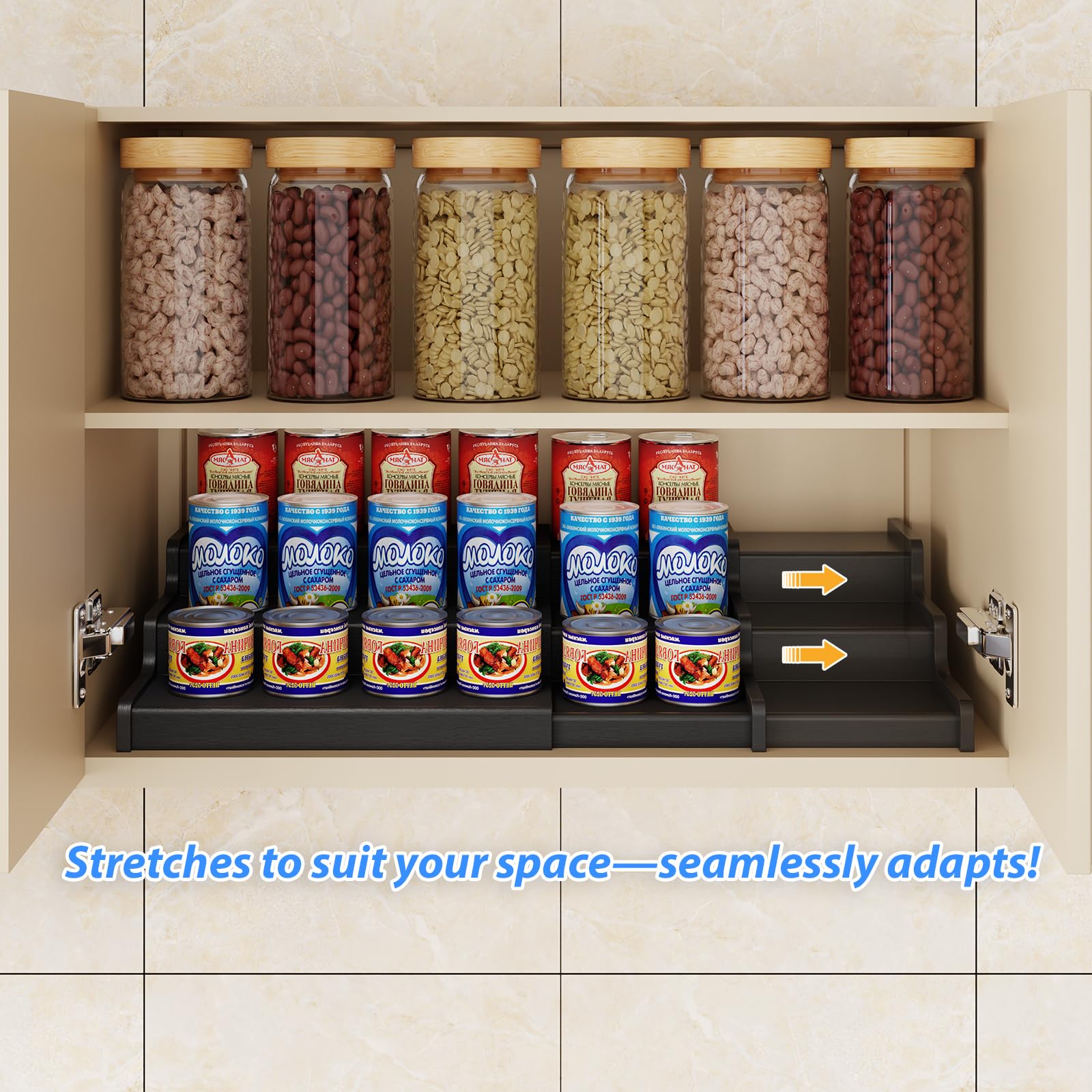 Expandable Bamboo Can Rack Organizer, 3-Tier Adjustable Pantry Storage, Can Holder for Kitchen & Pantry, Canned Food Soda Organizer, Holds Up to 24 Cans, Black (Patent Pending)