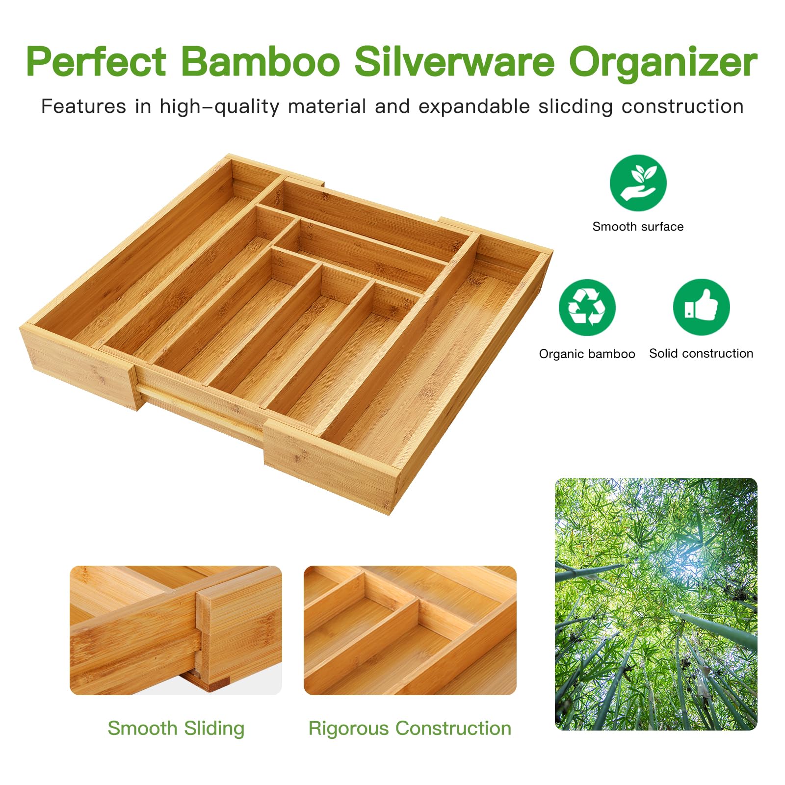 Pipishell Bamboo Expandable Silverware Drawer Organizer