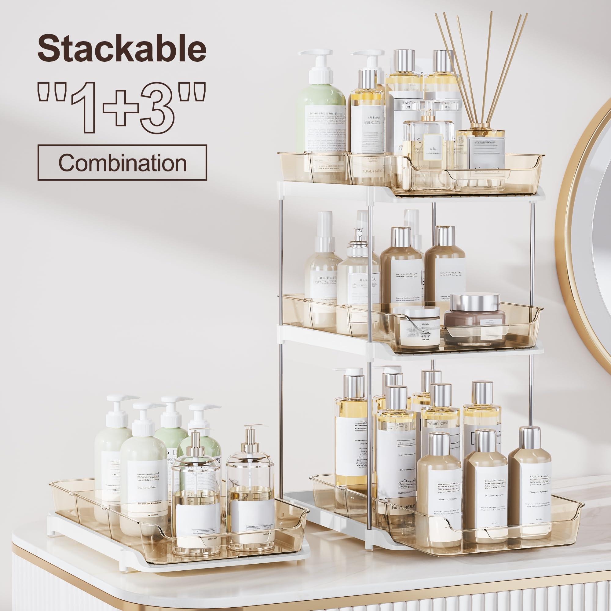 Delamu 2-Tier Multi-Purpose Bathroom Under Sink Organizers and Storage, Stackable Kitchen Pantry Organization, Pull Out Medicine Cabinet Organizer with Movable Dividers, White, 2 Pack