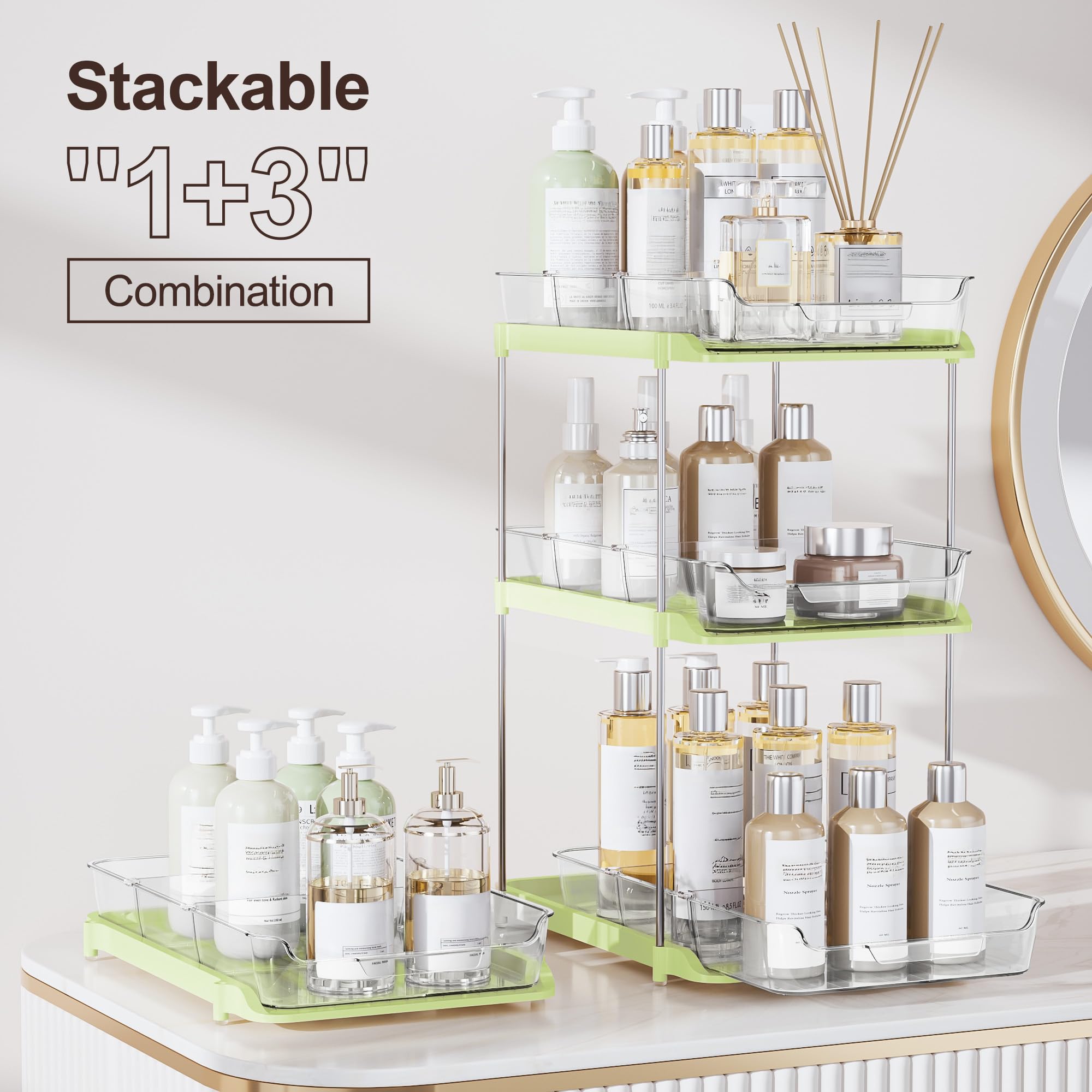 Delamu 2-Tier Multi-Purpose Bathroom Under Sink Organizers and Storage, Stackable Kitchen Pantry Organization, Pull Out Medicine Cabinet Organizer with Movable Dividers, White, 2 Pack