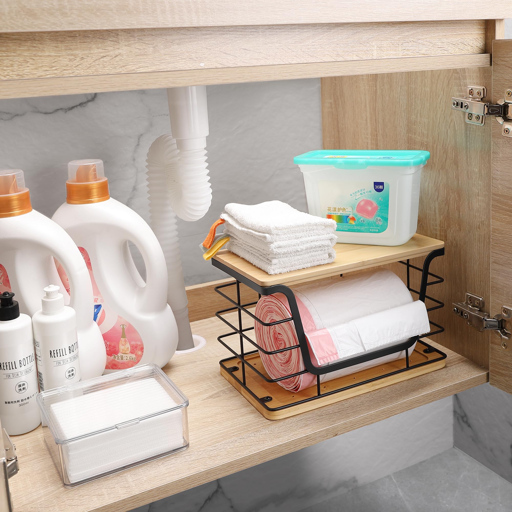 ALOCEO 2 Pack Storage Stackable Kitchen Laundry Organizers with Bamboo Top, Large Trash Bag Holder and Small Garbage Bag Dispenser for Countertop Organization