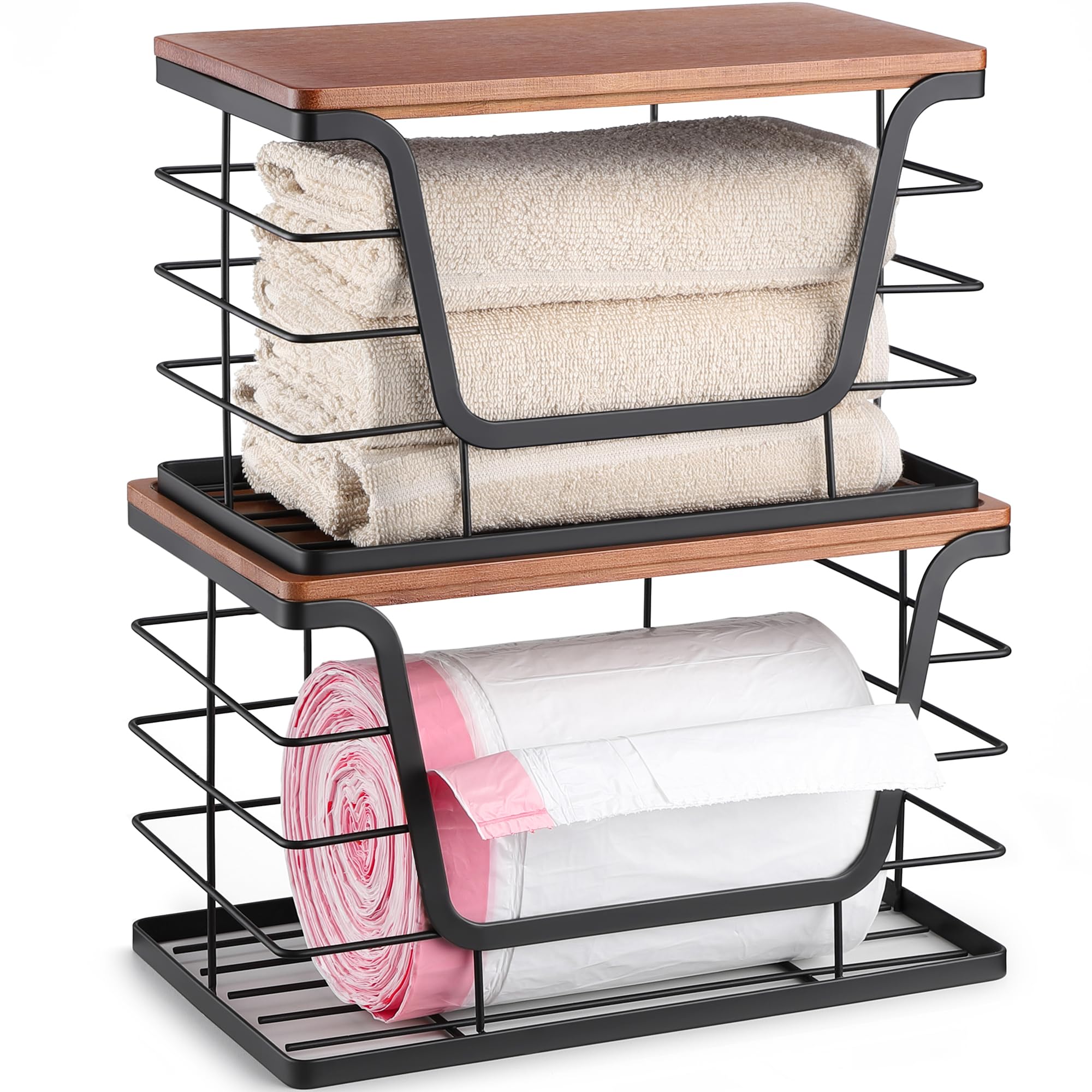 ALOCEO 2 Pack Storage Stackable Kitchen Laundry Organizers with Bamboo Top, Large Trash Bag Holder and Small Garbage Bag Dispenser for Countertop Organization