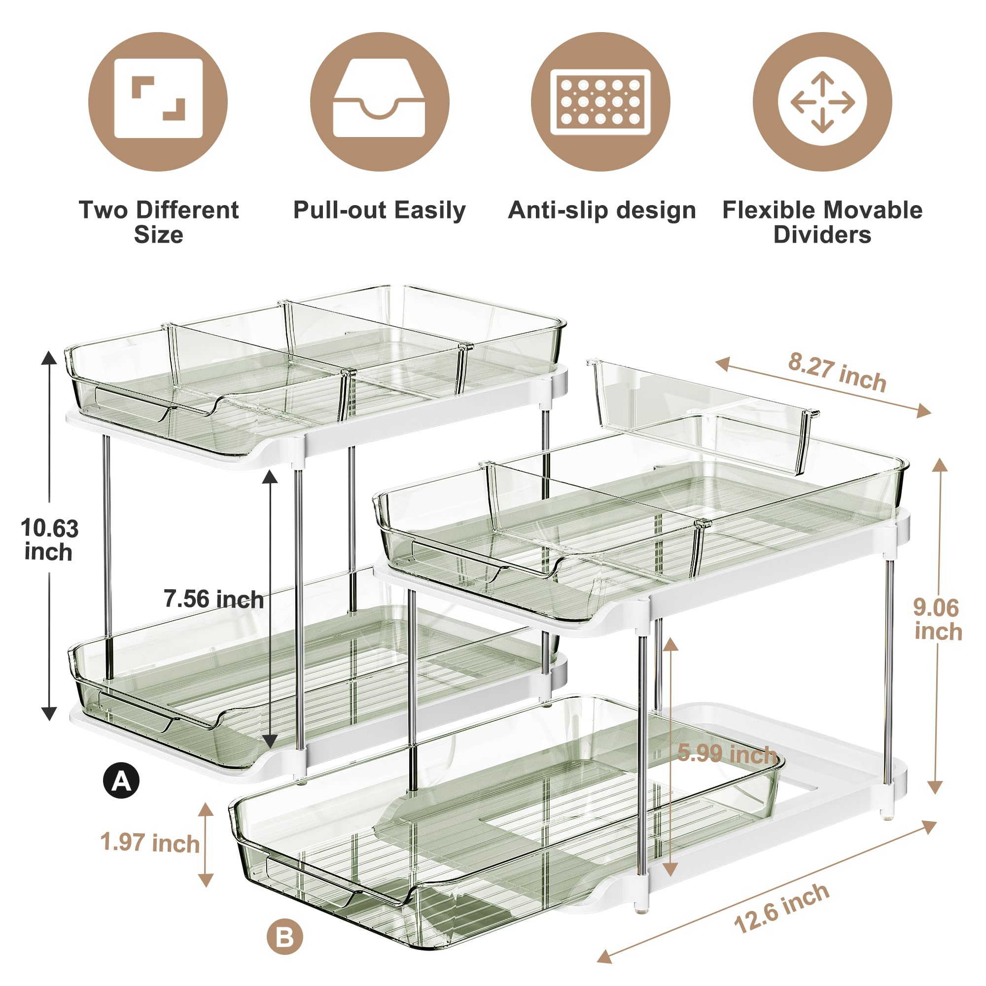 Delamu 2-Tier Multi-Purpose Bathroom Under Sink Organizers and Storage, Stackable Kitchen Pantry Organization, Pull Out Medicine Cabinet Organizer with Movable Dividers, White, 2 Pack