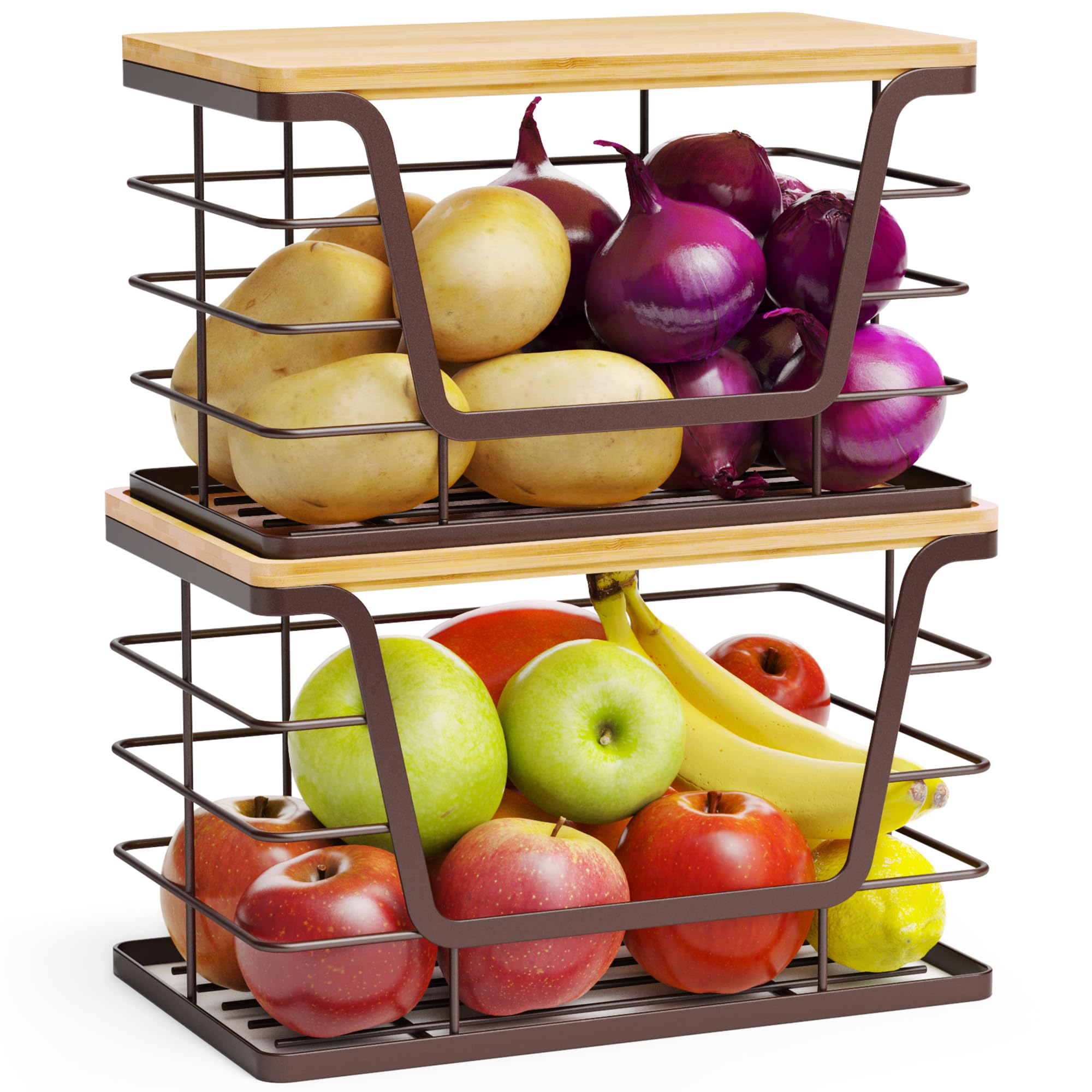ALOCEO 2 Pack Storage Stackable Kitchen Laundry Organizers with Bamboo Top, Large Trash Bag Holder and Small Garbage Bag Dispenser for Countertop Organization