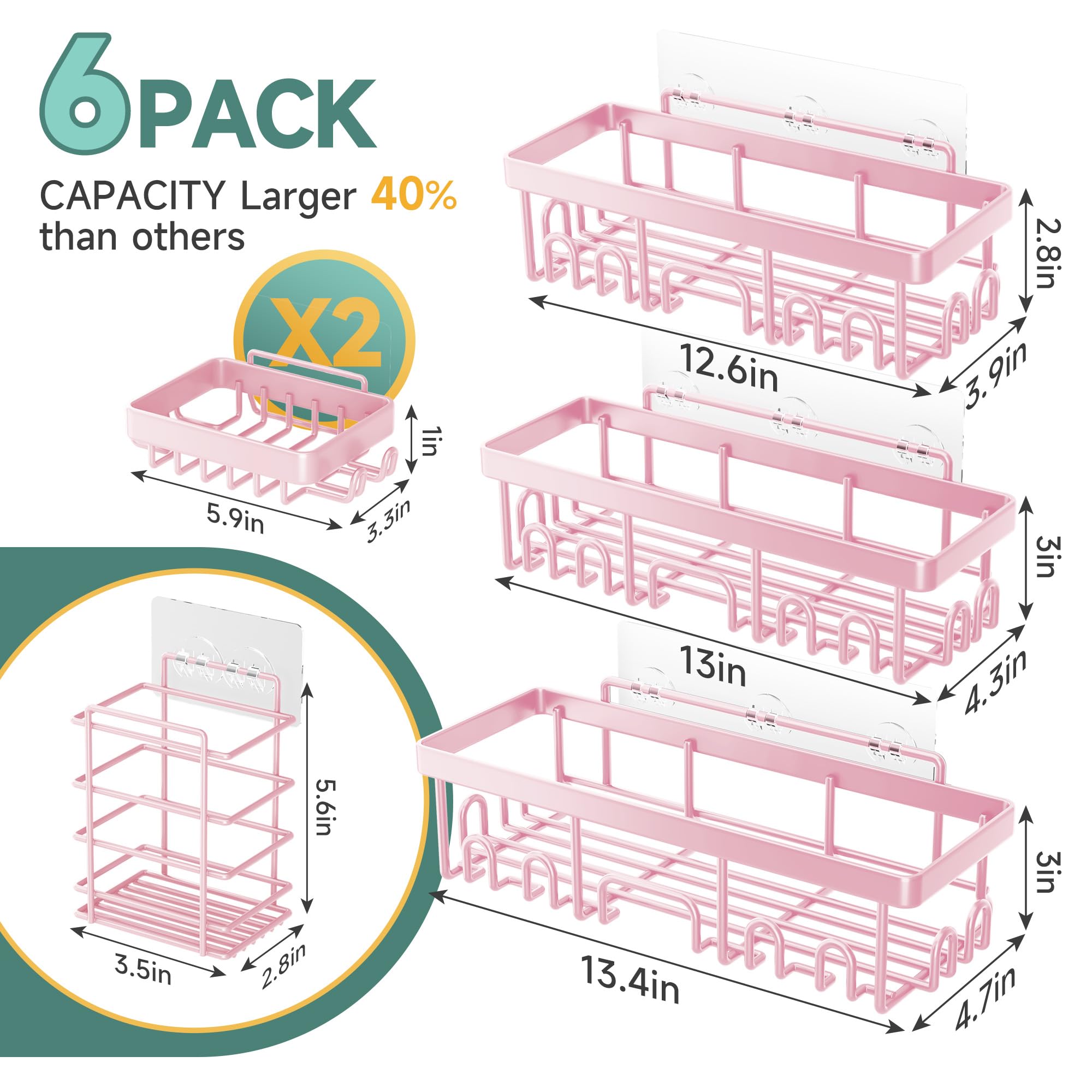 Veken Shower Caddy 6-Pack, Advanced Rustproof Design, No Drilling Adhesive Shelves, Rack with Soap Holder, Large Capacity Bathroom Organizers and Storage, Wall-Mounted Kitchen & Home Decor