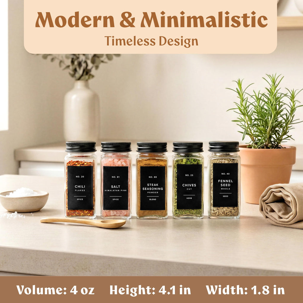 EDELHAUS Glass Spice Jars with Labels (24 x 4oz) Spice Containers with 240 Labels, Shaker Inserts, Funnel, Empty Square Empty Square Seasoning Organizer (Black Lids)
