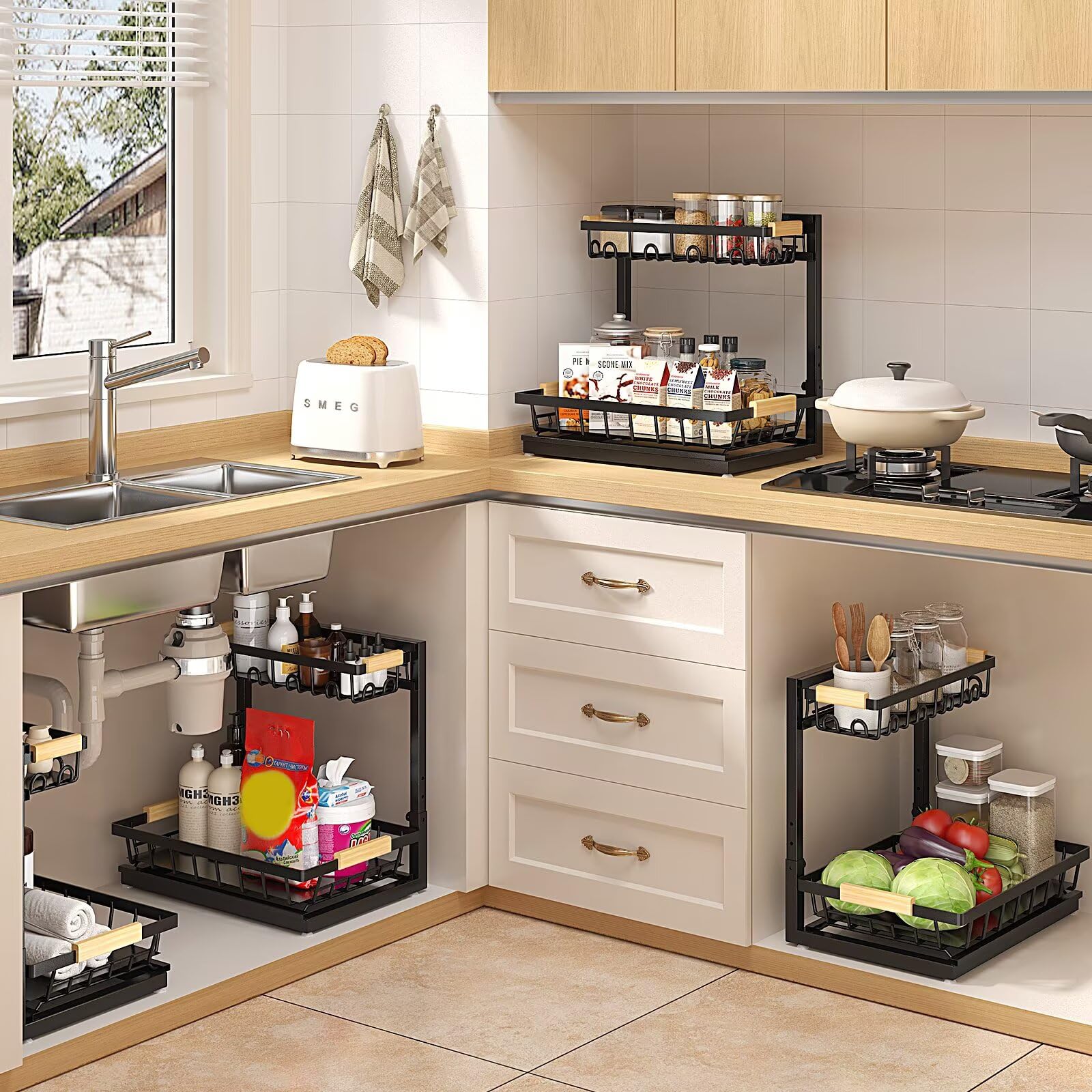 Sevenblue 2 Packs Under Sink Organizer, Height Adjustable 2 Tier Under Kitchen Sink Organizer, Multi-Purpose Storage Shelf for Kitchen Bathroom Cabinet (Black, Large)