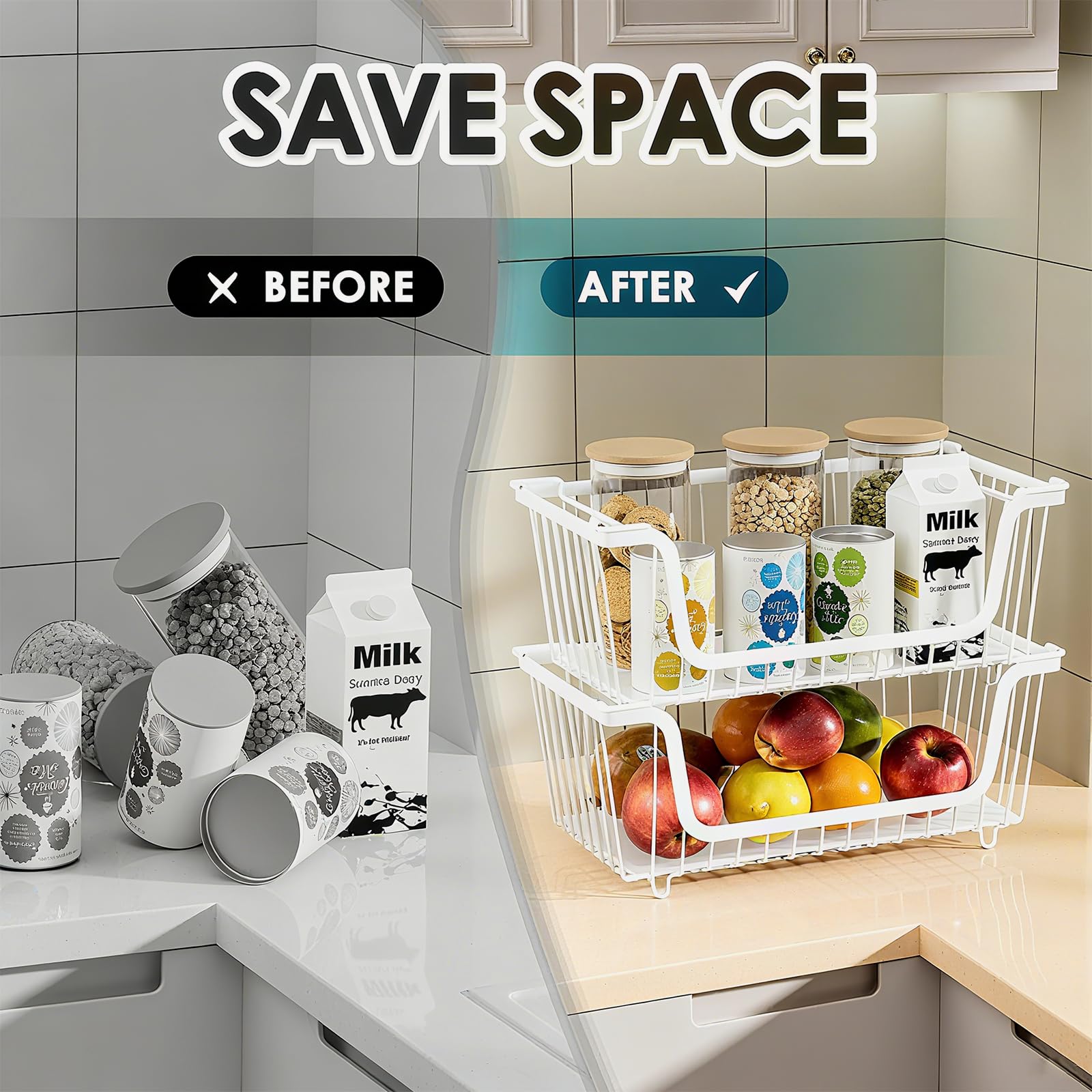 GAOKASE 4 Pcs Stackable Wire Baskets for Pantry Organizers and Storage,Vegetable Fruit Basket for Countertop,Kitchen Storage Metal Baskets,Produce Potato Onion Storage Bin,Black