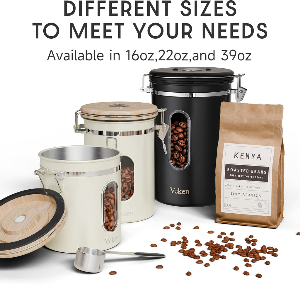 Veken Coffee Canister with Window,Airtight Stainless Steel Pantry Container,Home Kitchen Food Storage Organizers for Ground,Beans,Espresso,Rice,Tea,Sugar,Cereal, Decor,Bar Accessories,Gifts,22OZ,Black