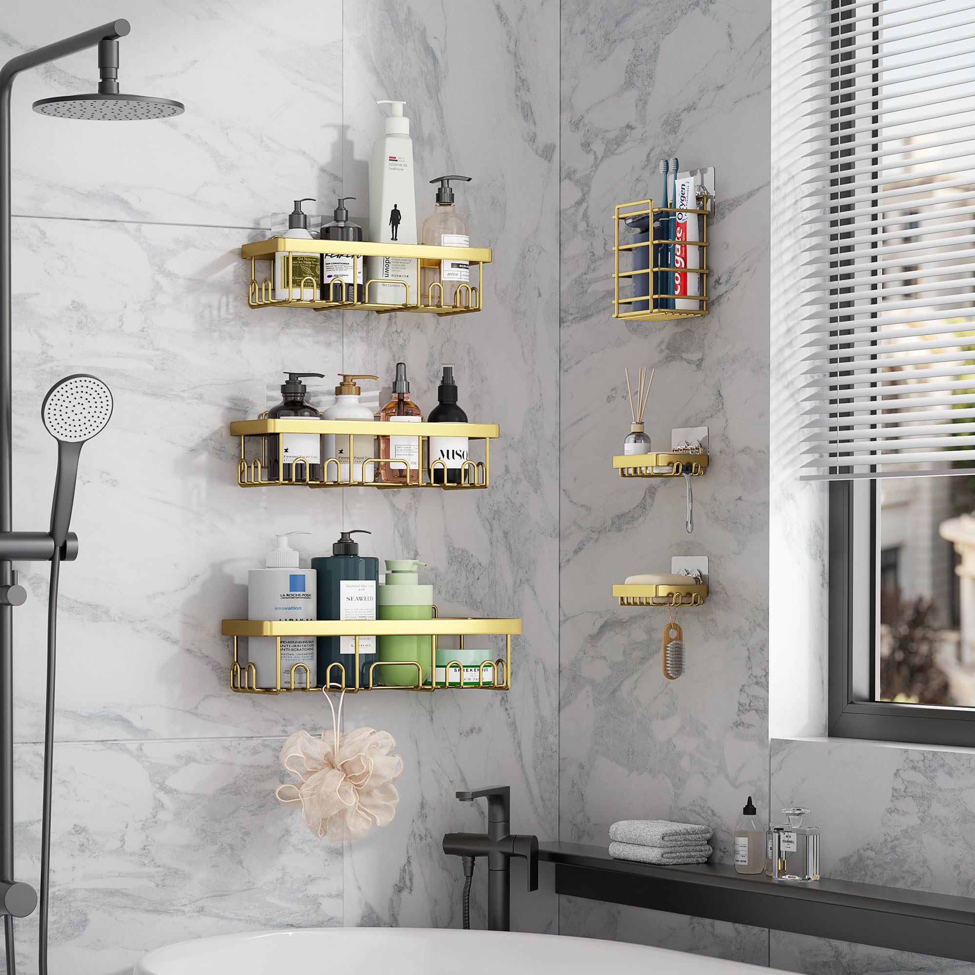 Veken Shower Caddy 6-Pack, Advanced Rustproof Design, No Drilling Adhesive Shelves, Rack with Soap Holder, Large Capacity Bathroom Organizers and Storage, Wall-Mounted Kitchen & Home Decor