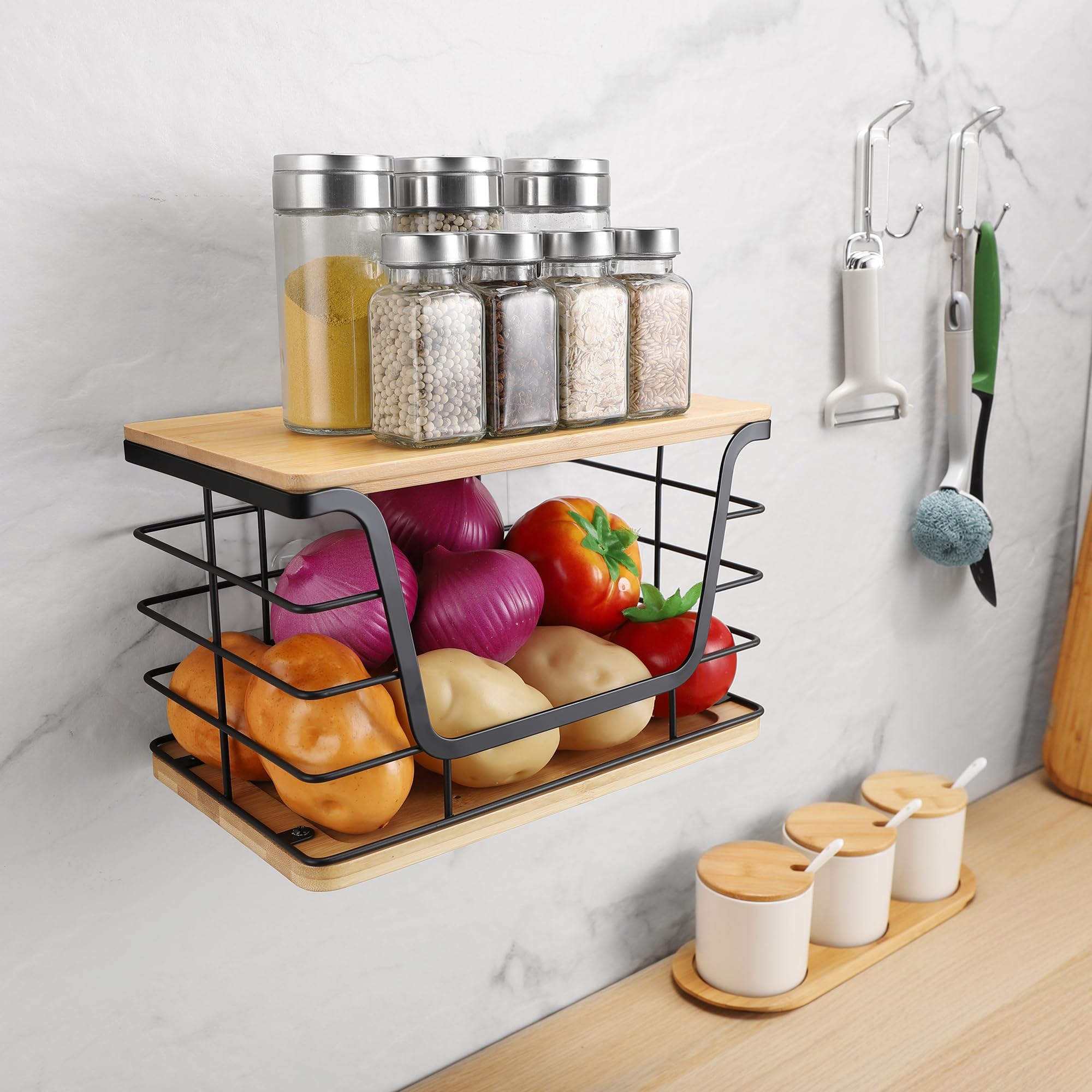 ALOCEO 2 Pack Storage Stackable Kitchen Laundry Organizers with Bamboo Top, Large Trash Bag Holder and Small Garbage Bag Dispenser for Countertop Organization