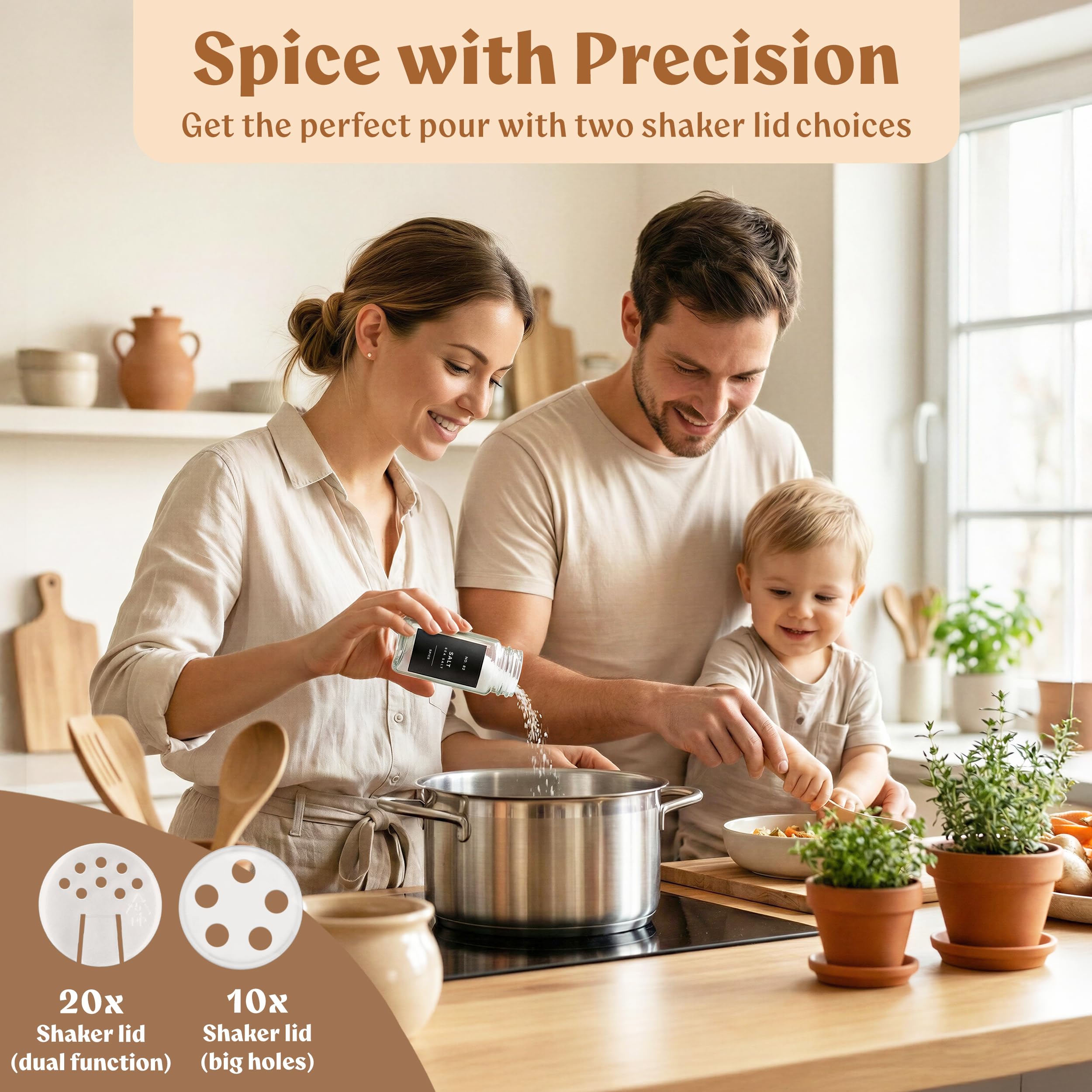 EDELHAUS Glass Spice Jars with Labels (24 x 4oz) Spice Containers with 240 Labels, Shaker Inserts, Funnel, Empty Square Empty Square Seasoning Organizer (Black Lids)
