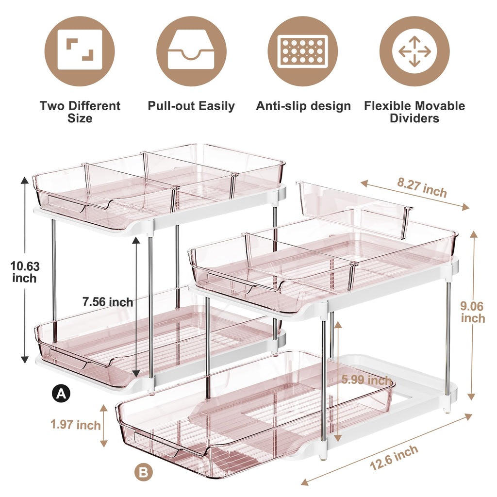 Delamu 2-Tier Multi-Purpose Bathroom Under Sink Organizers and Storage, Stackable Kitchen Pantry Organization, Pull Out Medicine Cabinet Organizer with Movable Dividers, White, 2 Pack