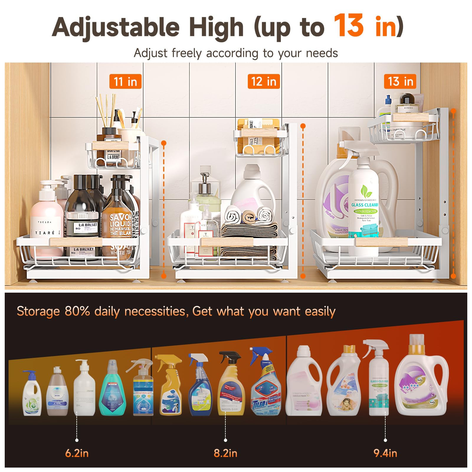 Sevenblue 2 Packs Under Sink Organizer, Height Adjustable 2 Tier Under Kitchen Sink Organizer, Multi-Purpose Storage Shelf for Kitchen Bathroom Cabinet (Black, Large)