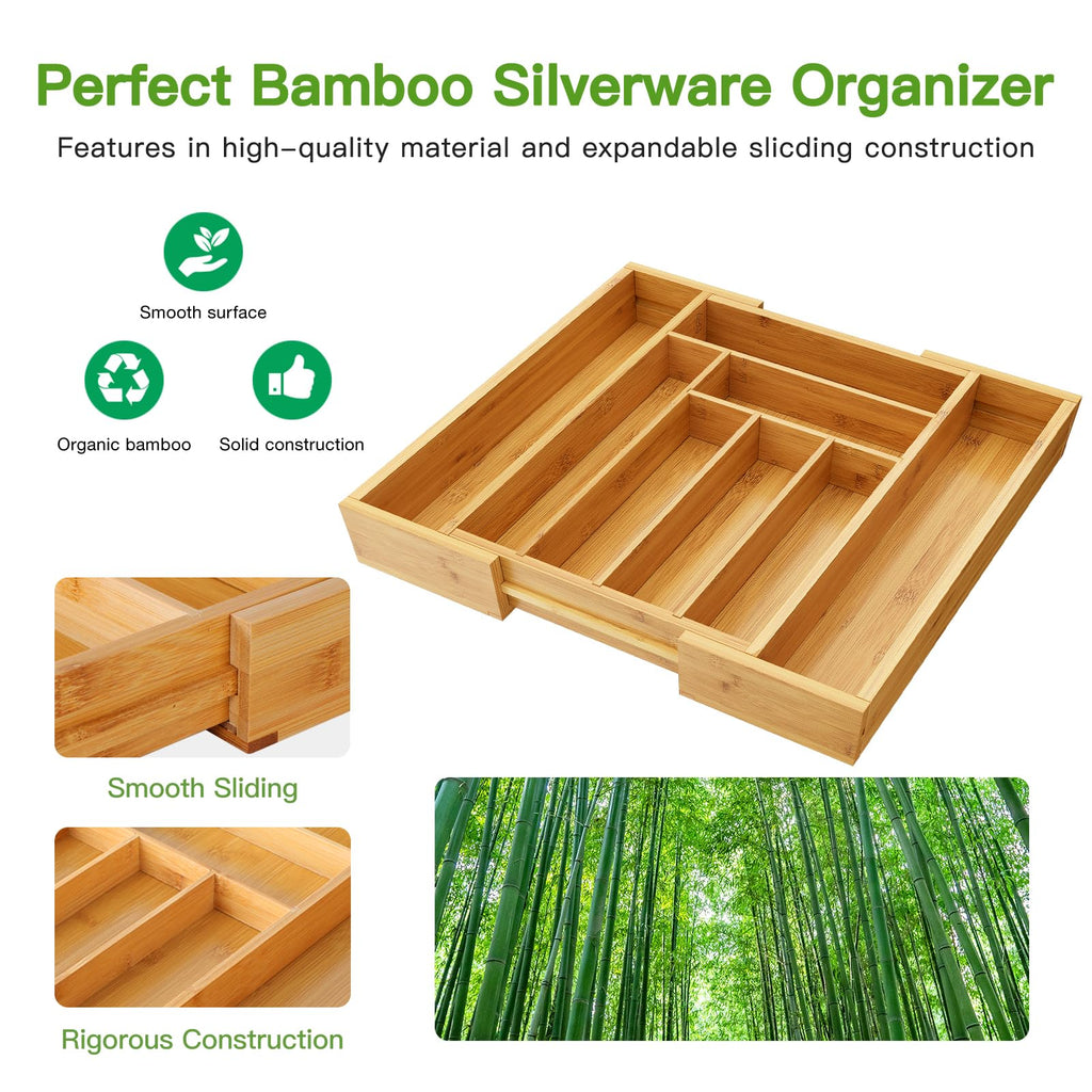 Pipishell Bamboo Expandable Silverware Drawer Organizer