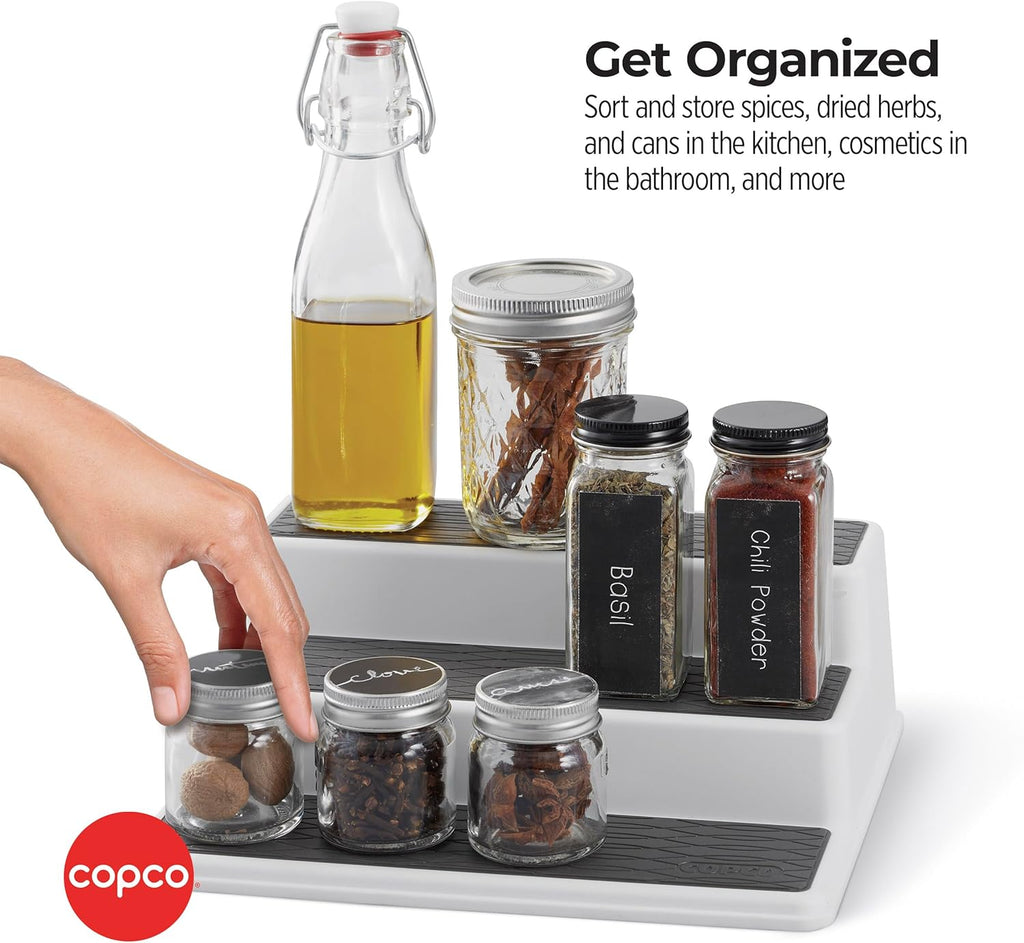 Copco 3-Tier Non-Skid Spice Rack Organizer for Kitchen Cabinet or Pantry, 15-Inch Tiered Shelf, White/Gray, Slip-Resistant Design for Jars and Bottles