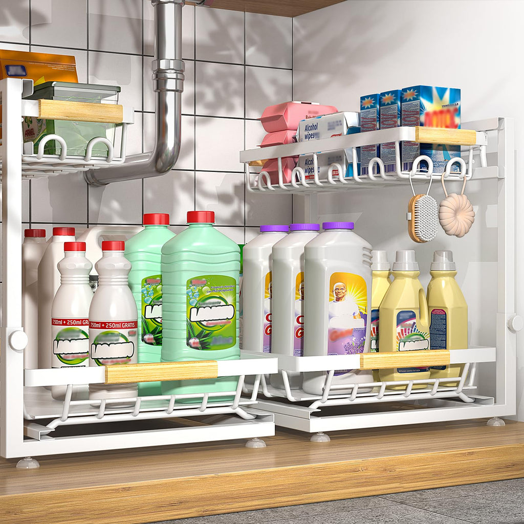 Sevenblue 2 Packs Under Sink Organizer, Height Adjustable 2 Tier Under Kitchen Sink Organizer, Multi-Purpose Storage Shelf for Kitchen Bathroom Cabinet (Black, Large)