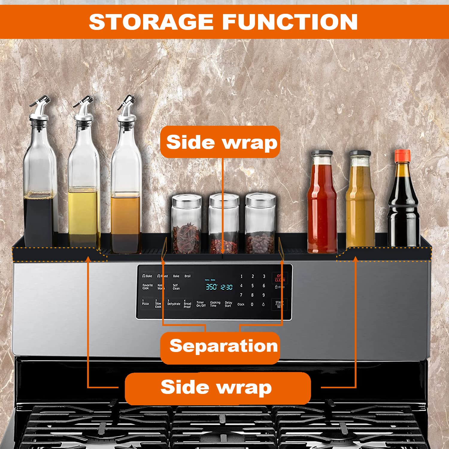 AWOKE Stove Top Shelf 30 Inch - Silicone Material Magnetic Shelf for Stove - 3 Functional Partitions Kitchen Spice Rack Organizer-Black,Kitchen Gadgets Storage Organization