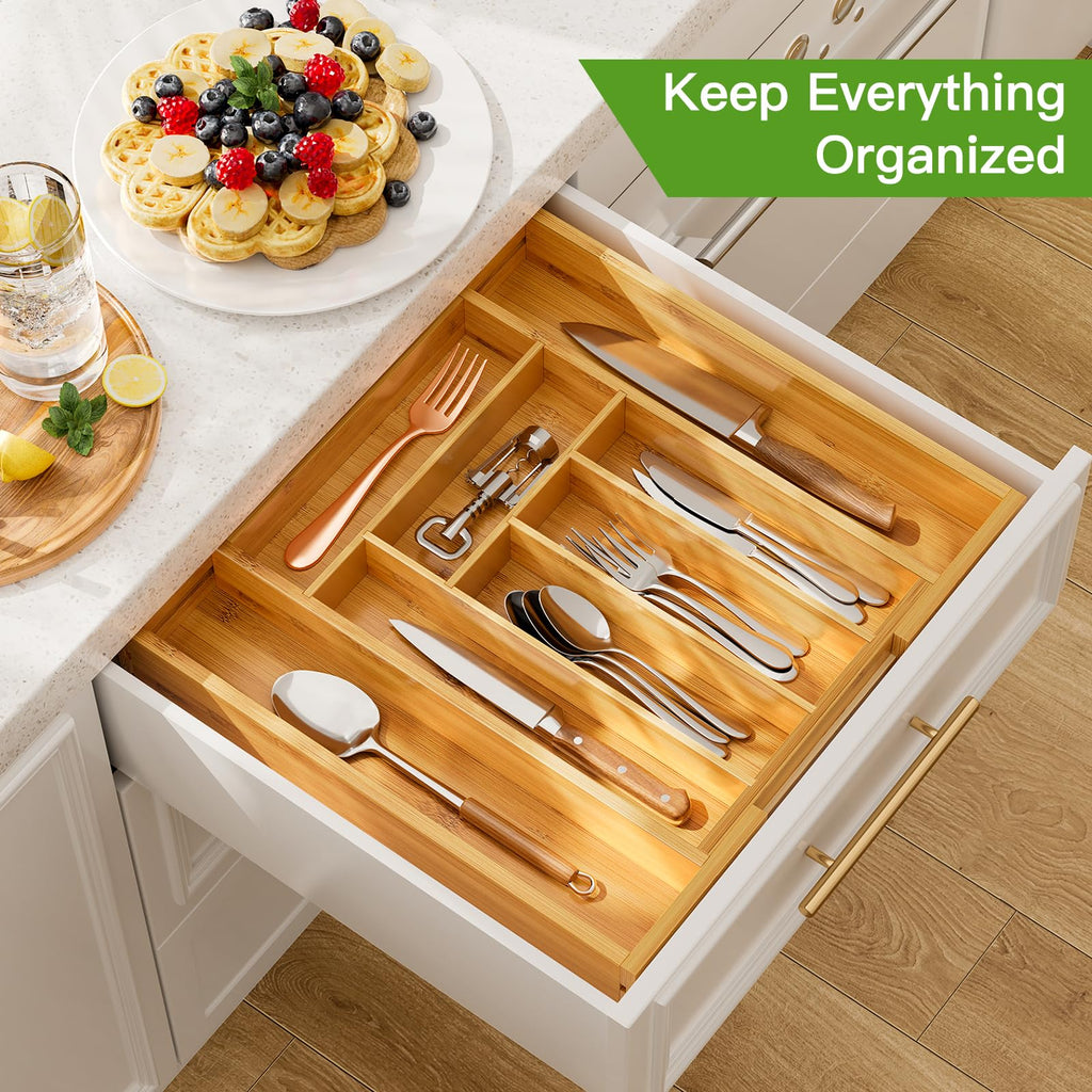 Pipishell Bamboo Expandable Silverware Drawer Organizer