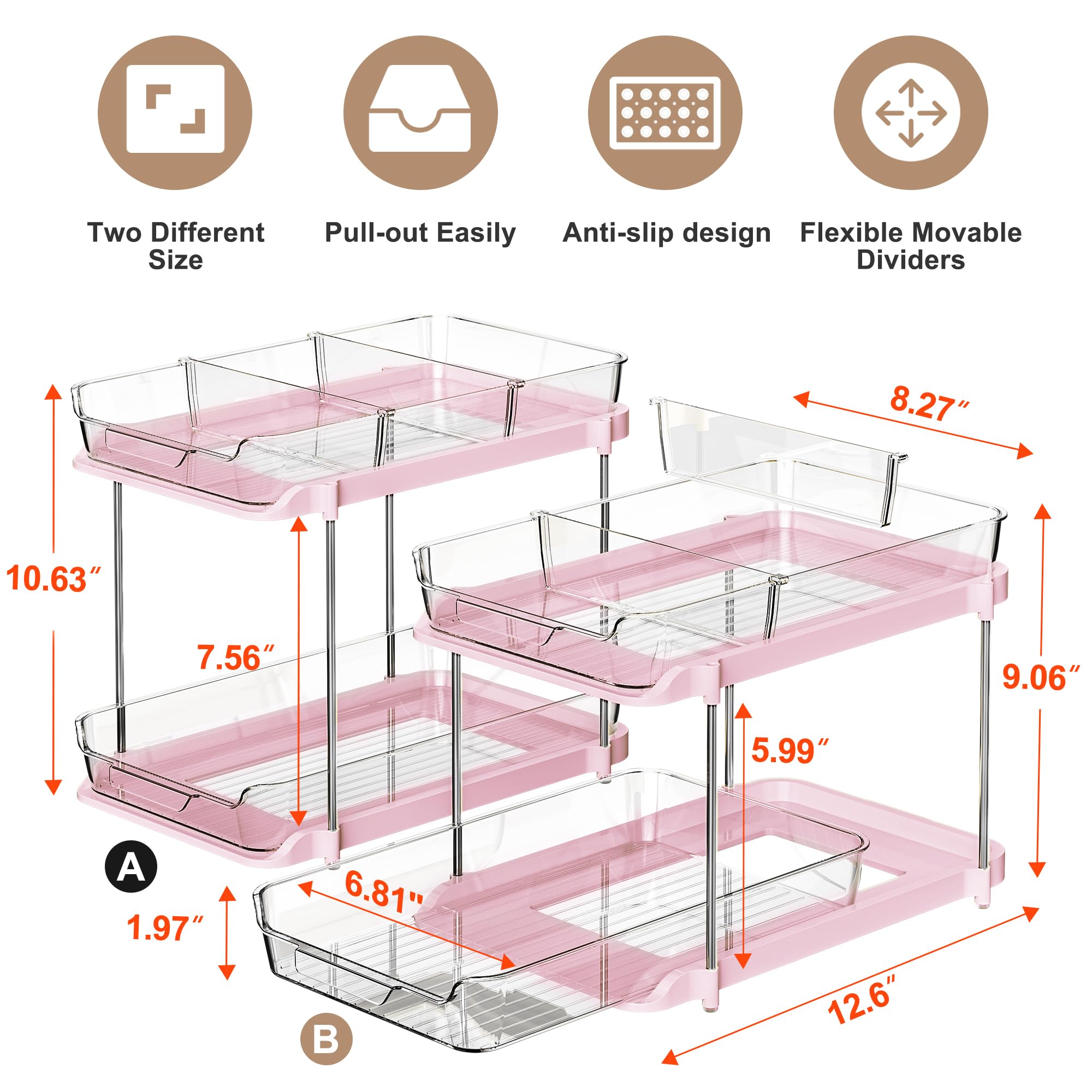 Delamu 2-Tier Multi-Purpose Bathroom Under Sink Organizers and Storage, Stackable Kitchen Pantry Organization, Pull Out Medicine Cabinet Organizer with Movable Dividers, White, 2 Pack