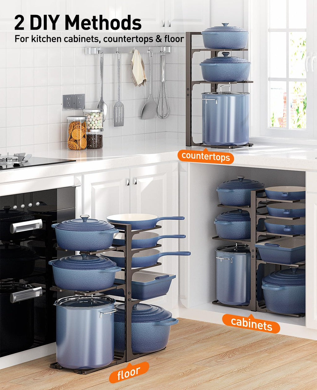 ORDORA Pots and Pans Organizer for Cabinet 16.61 Height, 8 Tier Pot Organizers Rack with 3 DIY Methods, Adjustable Pan Organizer under Cabinet Kitchen Organization and Storage